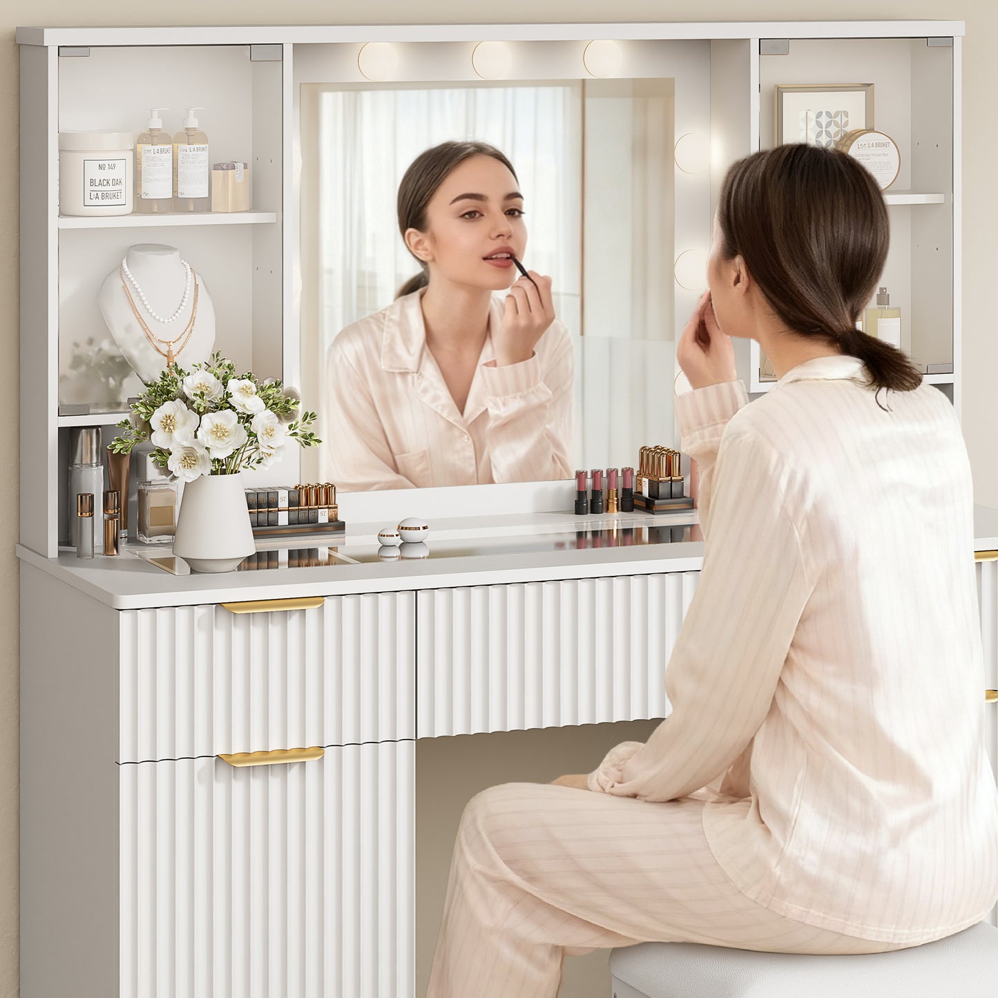 LainTene Vanity Set with Stool, Makeup Vanity Table with Lights and Mirror, Vanity Desk with 3 Drawers & 2 Large Storage Cabinets and Charging Station for Bedroom