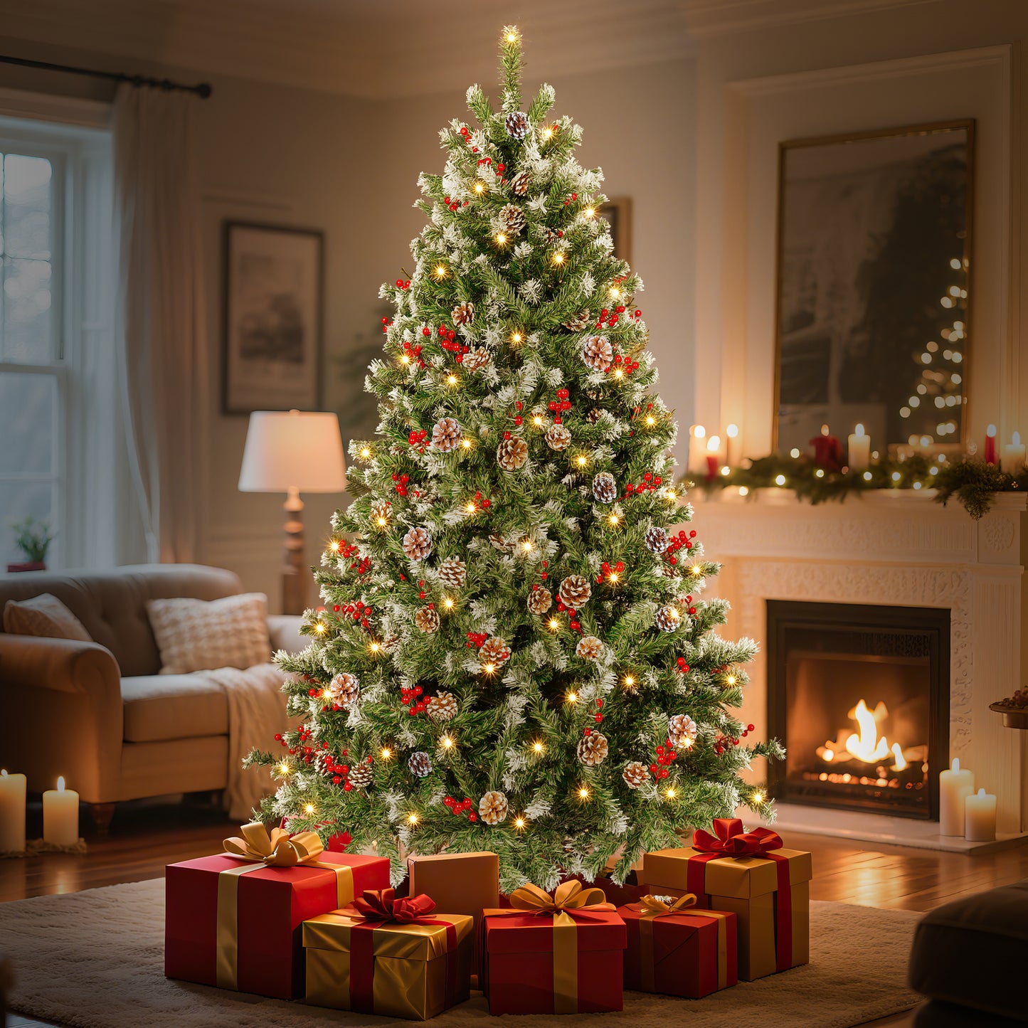 Laintene 6ft Pre-Lit & Pre-Decorated Christmas Tree | 250 Warm White LED Lights, 800 Realistic Tips, 108 Natural Decorations (Pine Cones & Berries), Hinged Design for Home/Office