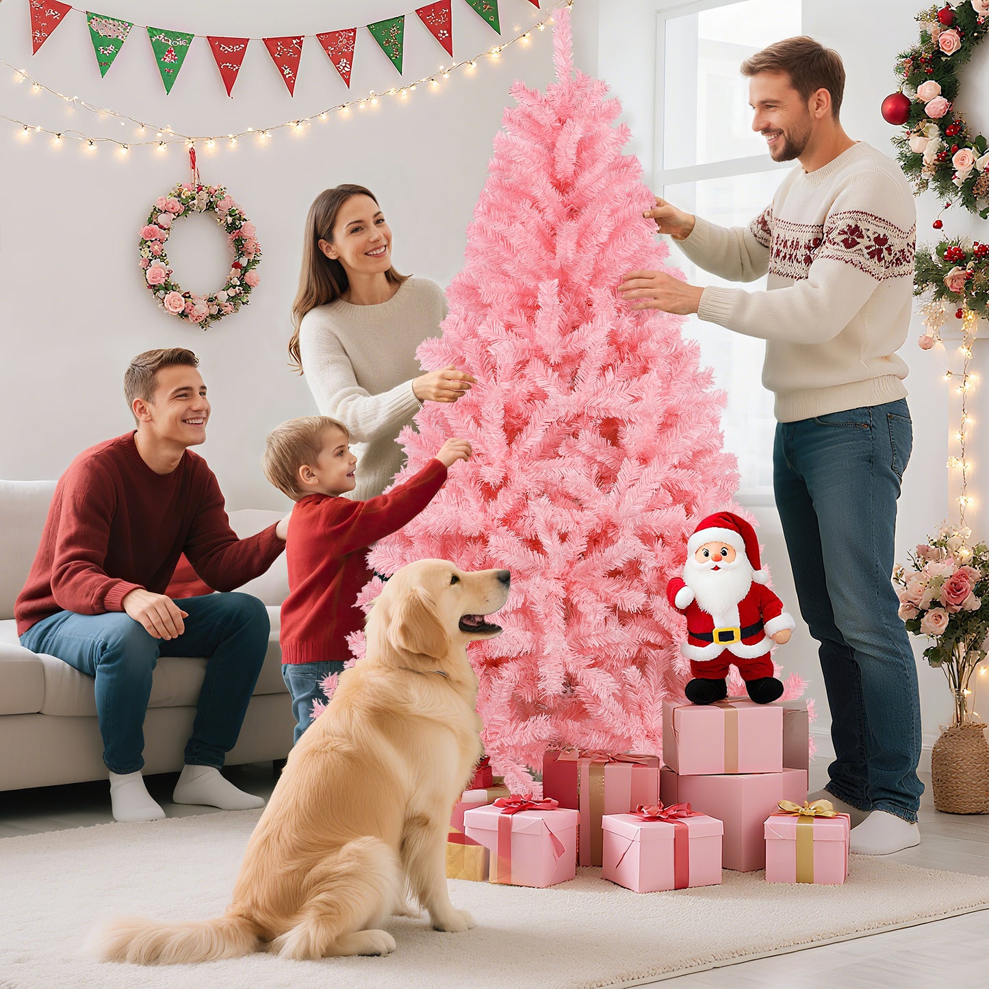 Laintene 6FT Artificial Christmas Tree with 800 Tips, Realistic Fir Xmas Tree for Indoor/Outdoor Decor, Sturdy Metal Stand, Pink