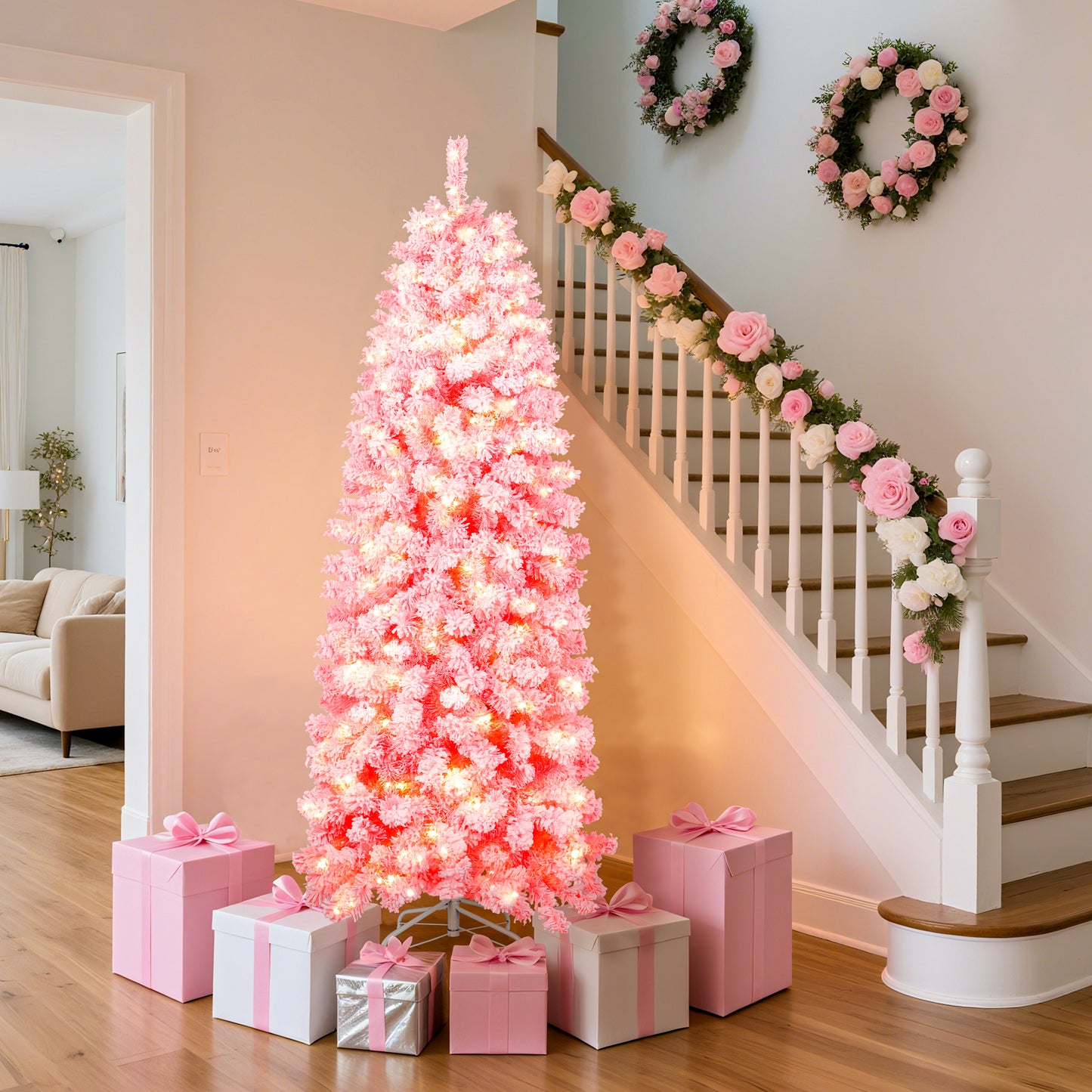 Laintene 6FT Pre-Lit Flocked Pencil Christmas Tree with 600 Tips & 200 Warm White LED Lights, Slim Artificial Xmas Tree for Small Spaces, Metal Stand, Pink