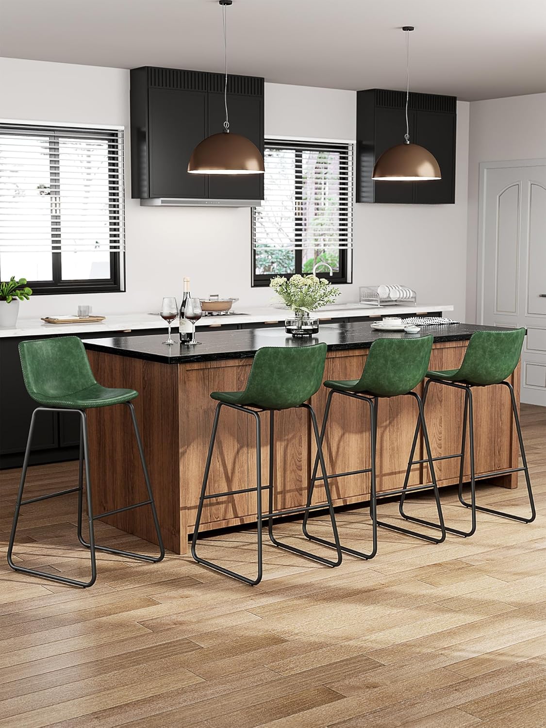 LainTene 30" Bar Stools Set of 3 – Faux Leather Counter Height Stools with Backrest & Footrest, Heavy-Duty Metal Frame for Kitchen, Bar, Living Room, Green