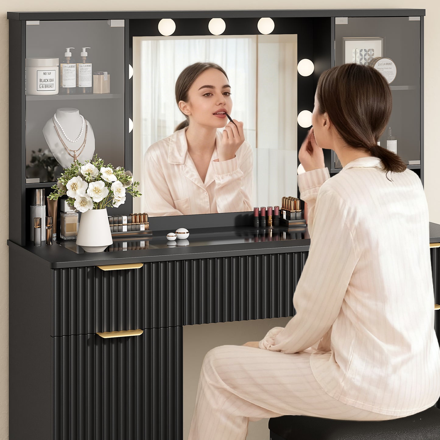 LainTene Vanity Set with Stool, Makeup Vanity Table with Lights and Mirror, Vanity Desk with 3 Drawers & 2 Large Storage Cabinets and Charging Station for Bedroom
