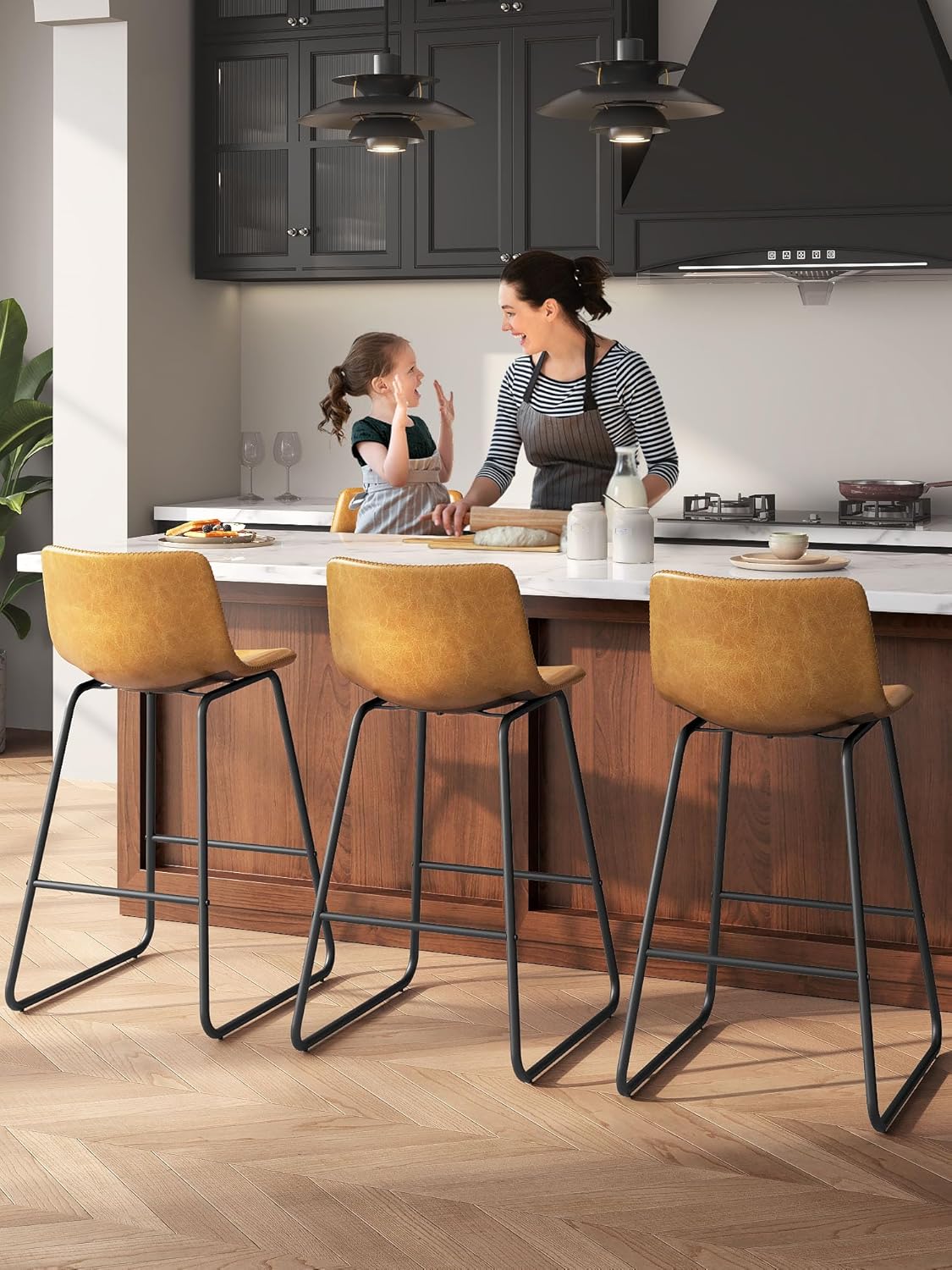 LainTene 26" Bar Stools Set of 2 – Faux Leather Counter Height Stools with Backrest & Footrest, Heavy-Duty Metal Frame for Kitchen, Bar, Living Room, Brown