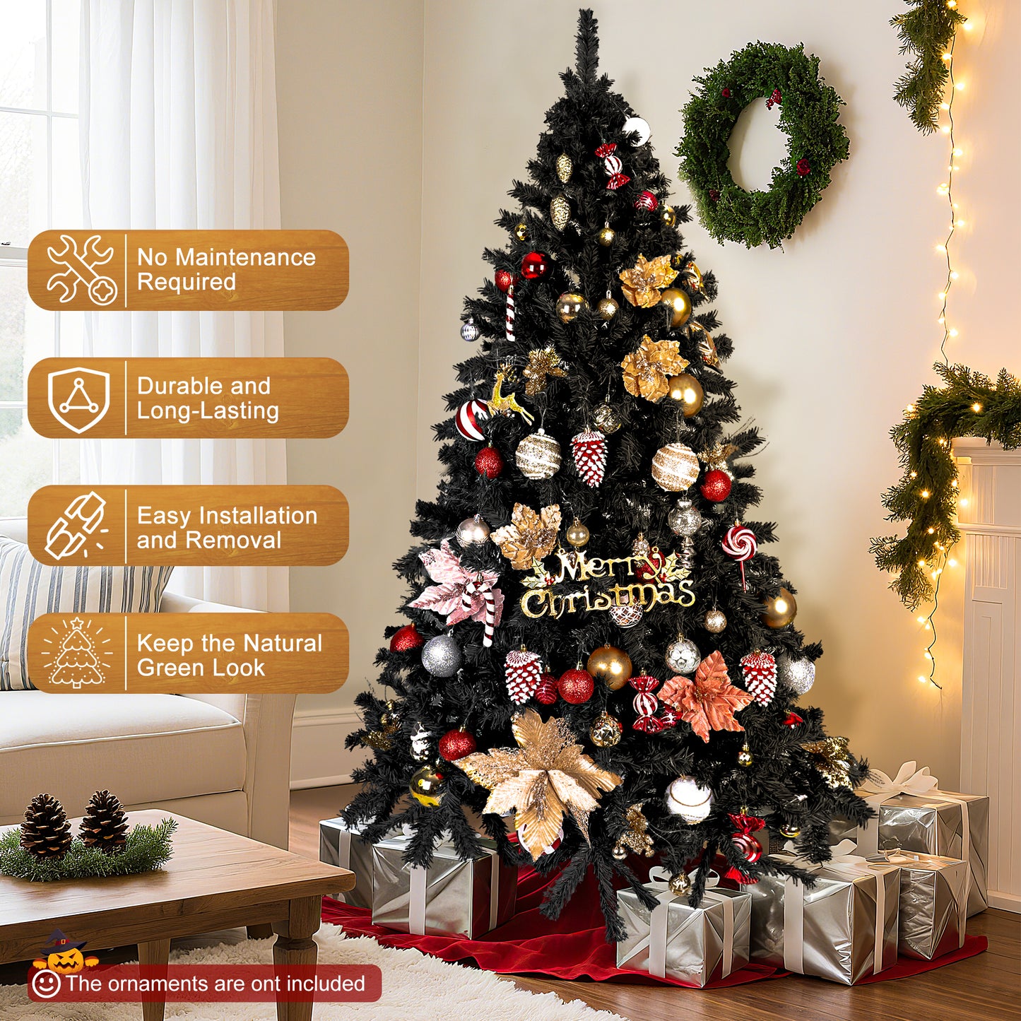 Laintene 6FT Artificial Christmas Tree with 800 Tips, Realistic Fir Xmas Tree for Indoor/Outdoor Decor, Sturdy Metal Stand, Black