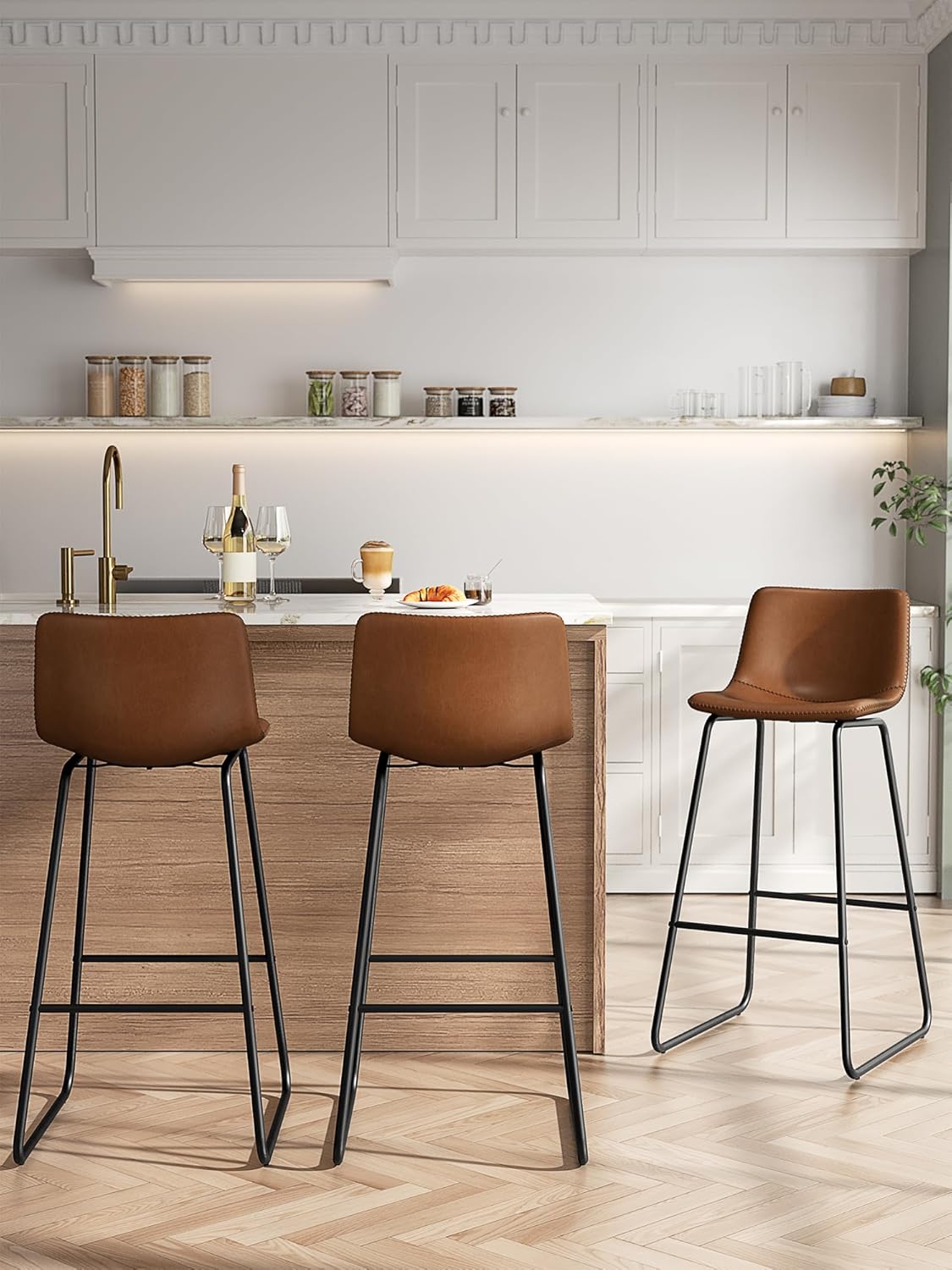 LainTene 30" Bar Stools Set of 2 – Faux Leather Counter Height Stools with Backrest & Footrest, Heavy-Duty Metal Frame for Kitchen, Bar, Living Room, Dark Brown