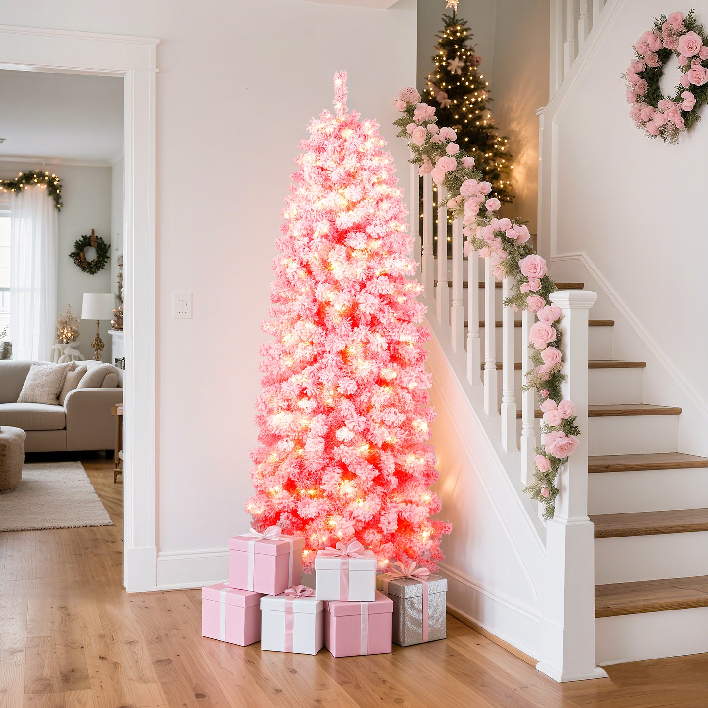 Laintene 6FT Pre-Lit Flocked Pencil Christmas Tree with 600 Tips & 200 Warm White LED Lights, Slim Artificial Xmas Tree for Small Spaces, Metal Stand, Pink