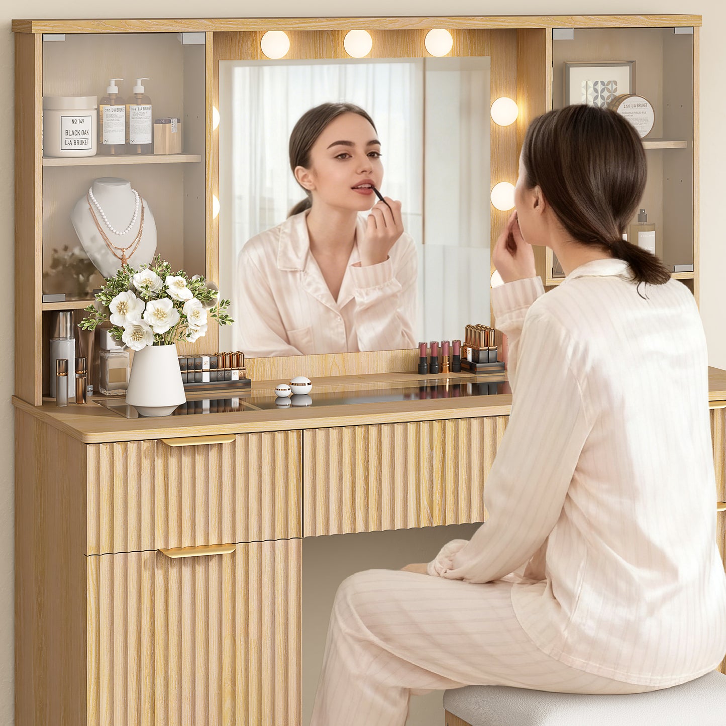 LainTene Vanity Set with Stool, Makeup Vanity Table with Lights and Mirror, Vanity Desk with 3 Drawers & 2 Large Storage Cabinets and Charging Station for Bedroom