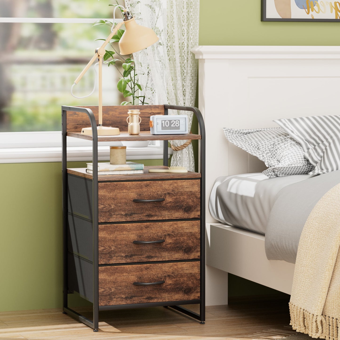 Laintene Nightstand 3 Fabric Drawer, Bedside Table Bedroom Dresser, End Side Tables Living Room, Brown
