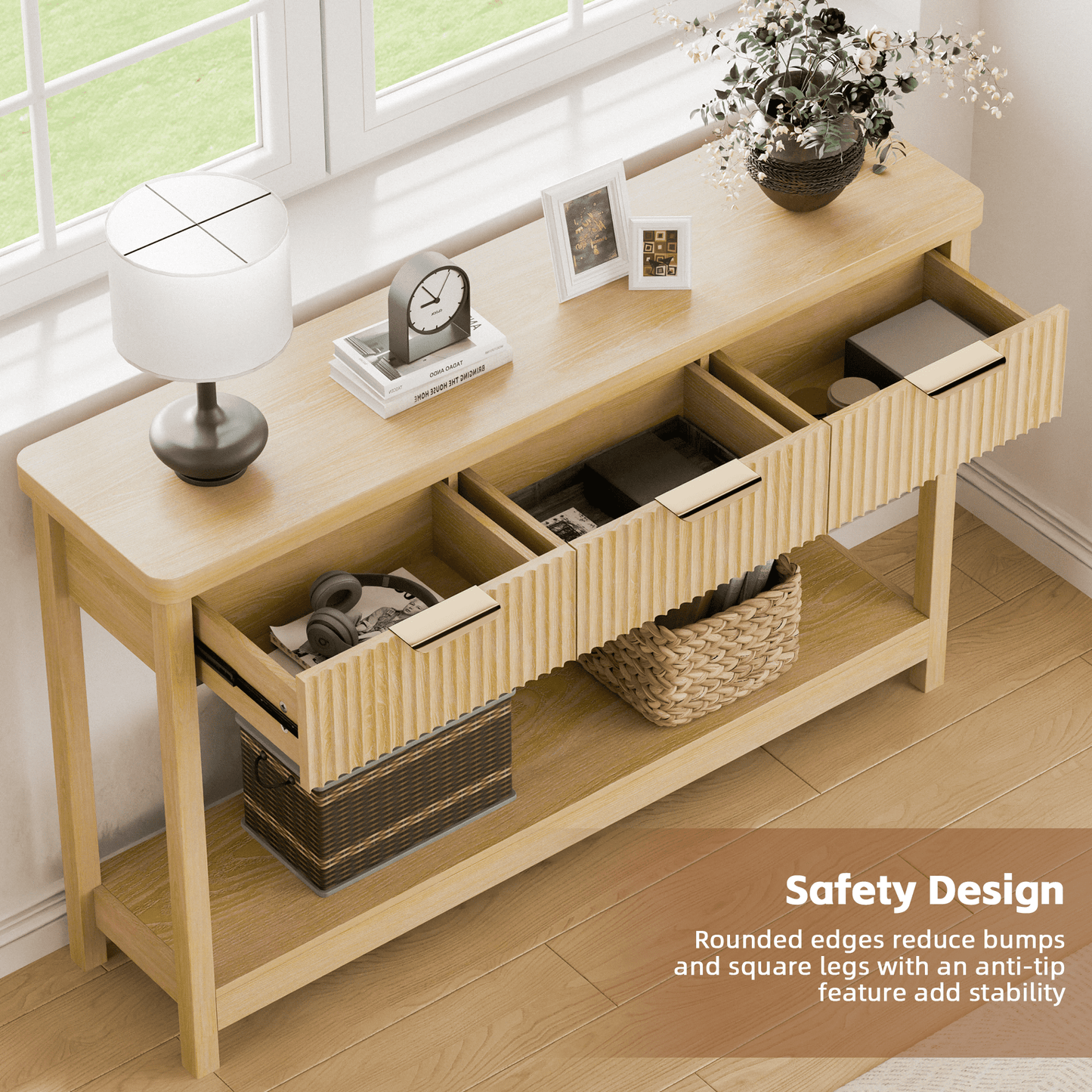 Laintene Fluted Console Table, 51" Narrow Entryway Table with 3 Drawers, Console Table Sofa Table with Storage Open Shelf, Modern Display Shelf for Hallway Living Room, Natural Oak