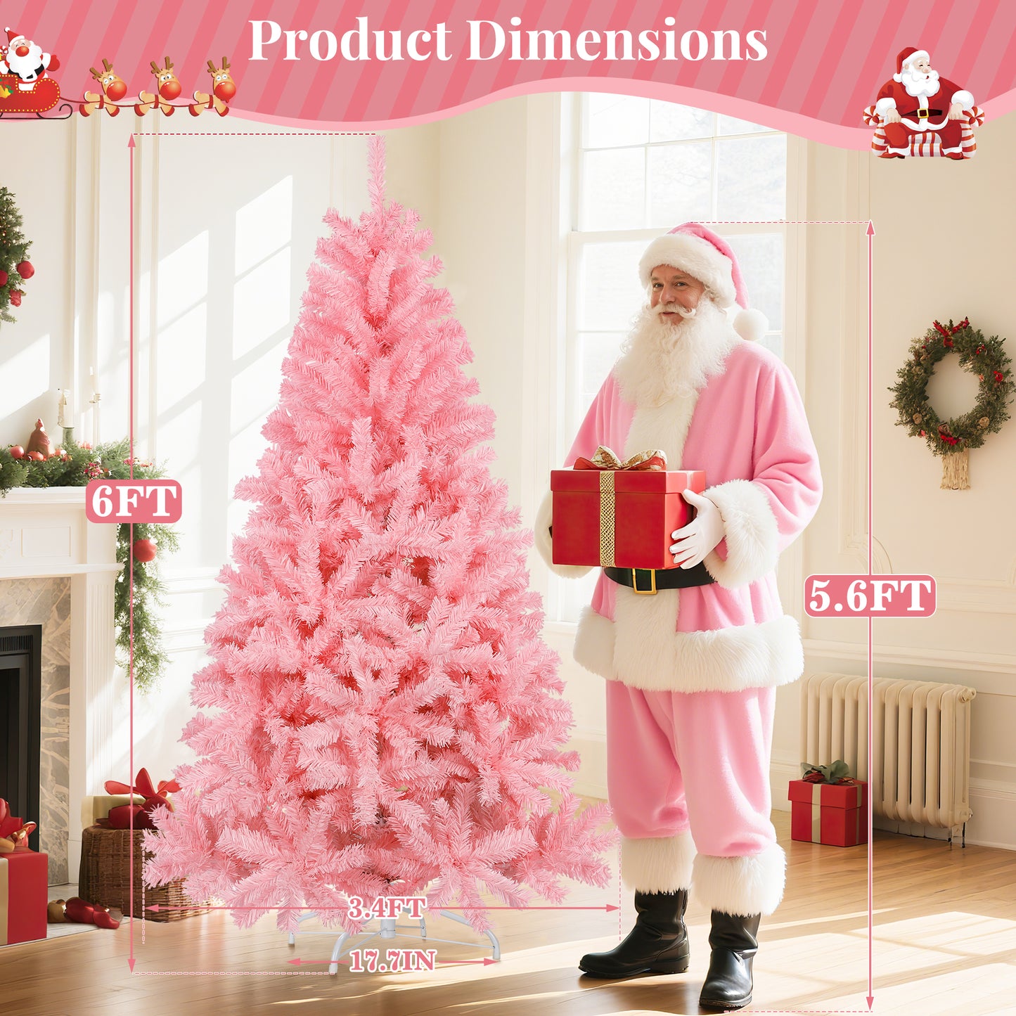 Laintene 6FT Artificial Christmas Tree with 800 Tips, Realistic Fir Xmas Tree for Indoor/Outdoor Decor, Sturdy Metal Stand, Pink