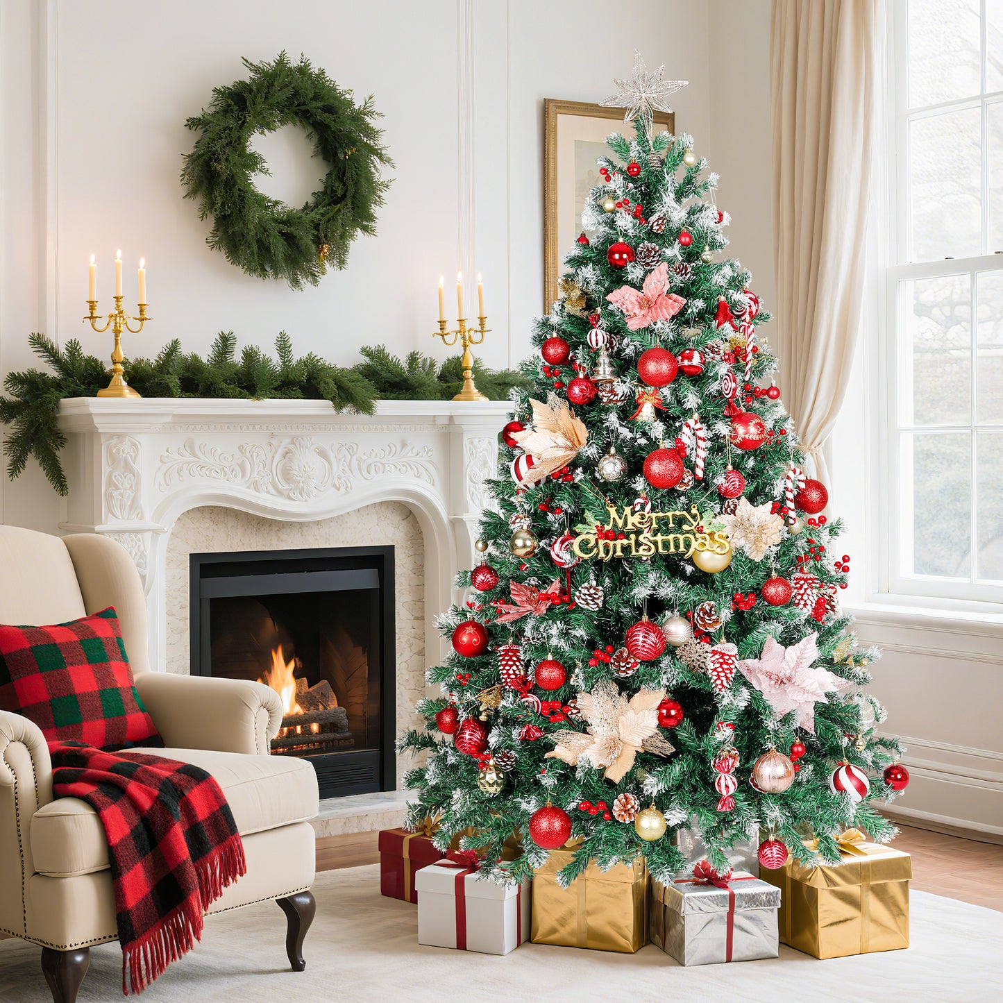 Laintene 6ft Pre-Lit & Pre-Decorated Christmas Tree | 250 Warm White LED Lights, 800 Realistic Tips, 108 Natural Decorations (Pine Cones & Berries), Hinged Design for Home/Office