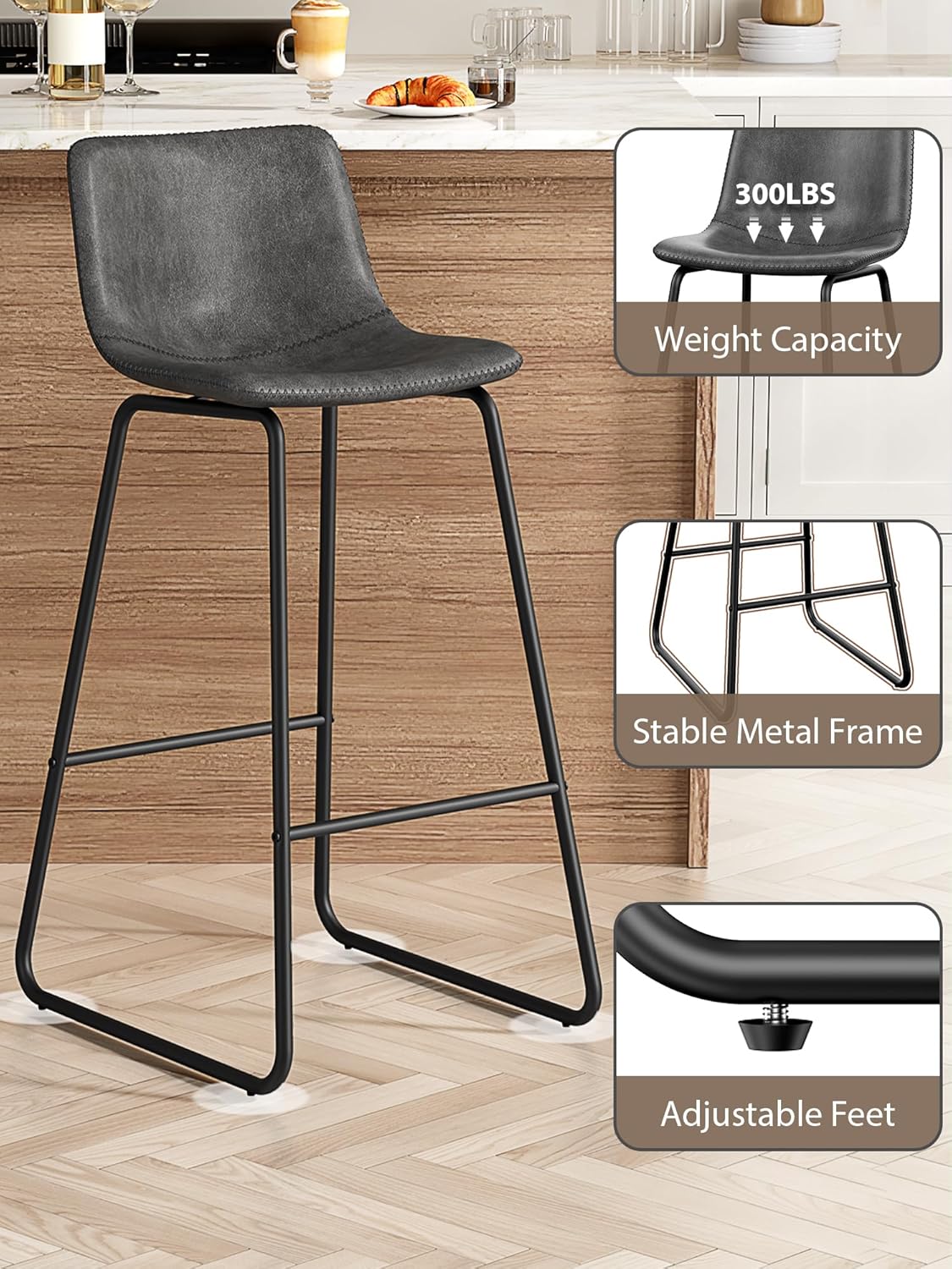 LainTene 30" Bar Stools Set of 3 – Faux Leather Counter Height Stools with Backrest & Footrest, Heavy-Duty Metal Frame for Kitchen, Bar, Living Room, Gray