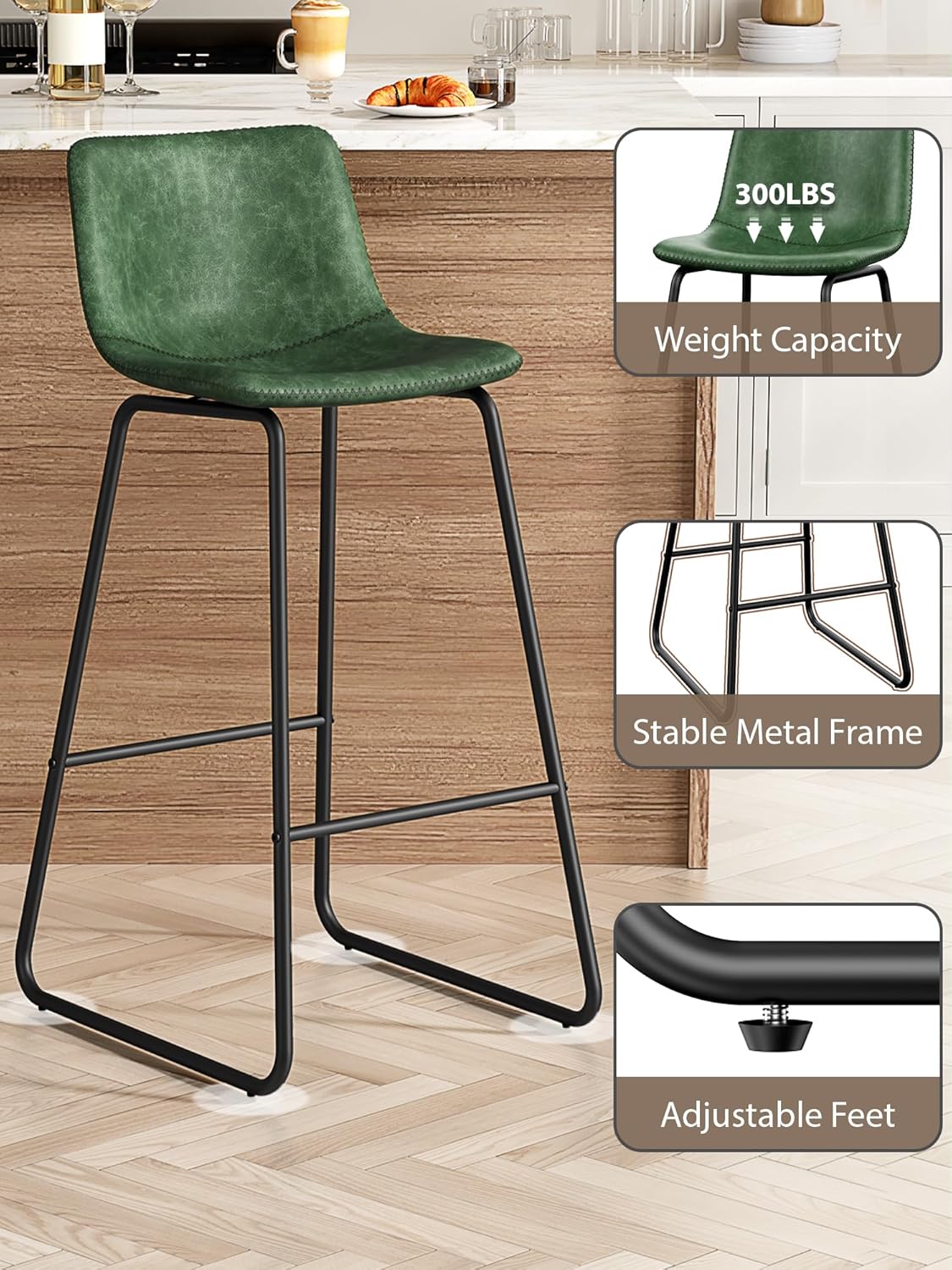 LainTene 30" Bar Stools Set of 3 – Faux Leather Counter Height Stools with Backrest & Footrest, Heavy-Duty Metal Frame for Kitchen, Bar, Living Room, Green