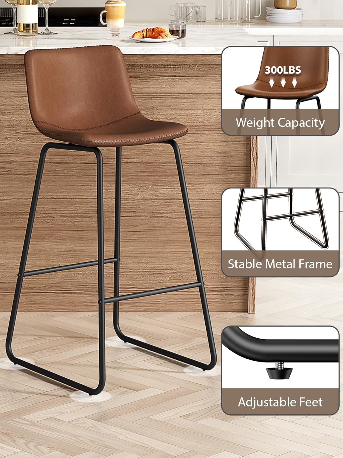 LainTene 30" Bar Stools Set of 3 – Faux Leather Counter Height Stools with Backrest & Footrest, Heavy-Duty Metal Frame for Kitchen, Bar, Living Room, Dark Brown