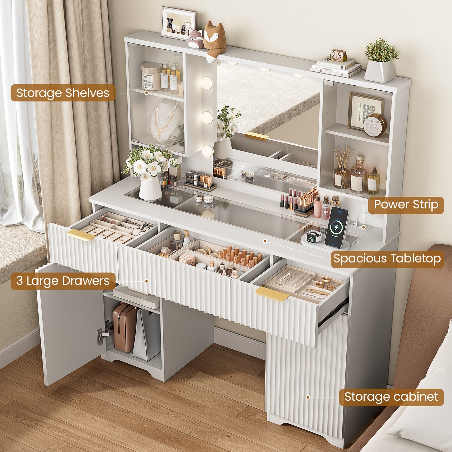 LainTene Makeup Vanity Table with Lights and Mirror, Vanity Desk with 3 Drawers & 2 Large Storage Cabinets and Charging Station for Bedroom