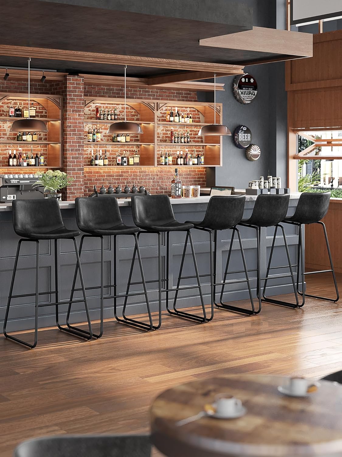 LainTene 30" Bar Stools Set of 2 – Faux Leather Counter Height Stools with Backrest & Footrest, Heavy-Duty Metal Frame for Kitchen, Bar, Living Room, Black