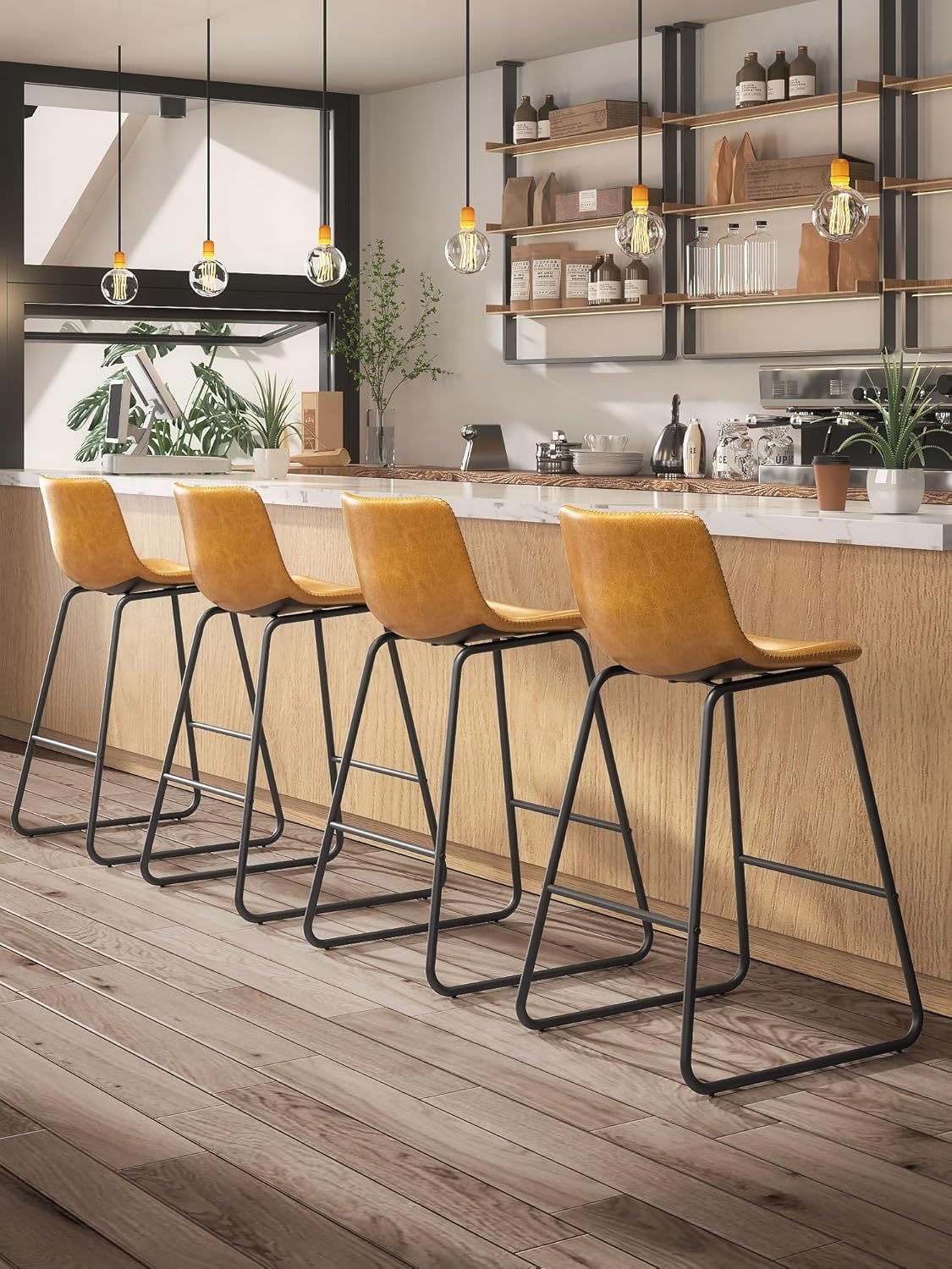LainTene 26" Bar Stools Set of 2 – Faux Leather Counter Height Stools with Backrest & Footrest, Heavy-Duty Metal Frame for Kitchen, Bar, Living Room, Brown