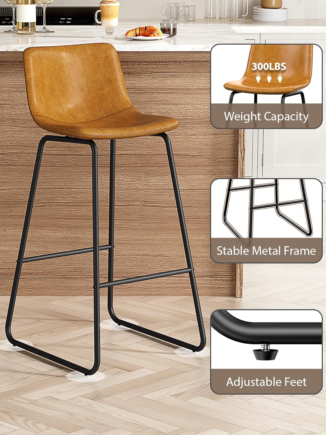 LainTene 30" Bar Stools Set of 3 – Faux Leather Counter Height Stools with Backrest & Footrest, Heavy-Duty Metal Frame for Kitchen, Bar, Living Room, Brown