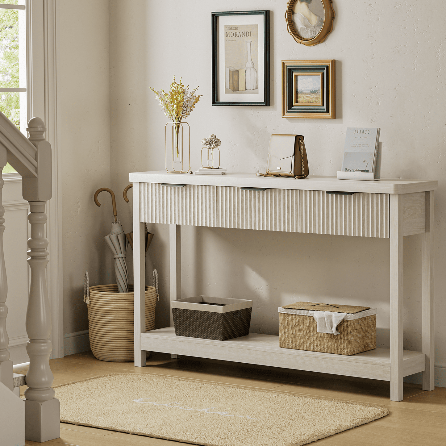 Laintene Fluted Console Table, 51" Narrow Entryway Table with 3 Drawers, Console Table Sofa Table with Storage Open Shelf, Modern Display Shelf for Hallway Living Room, White Oak
