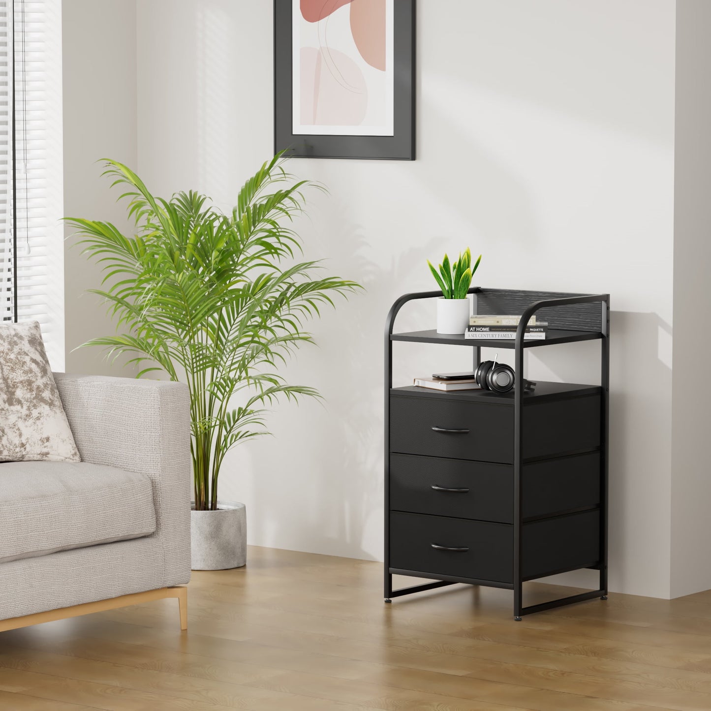Laintene Night Stand, Bedside Table Bedroom Dresser, 3 Fabric Drawer Storage Organize, End Side Tables Living Room, Black
