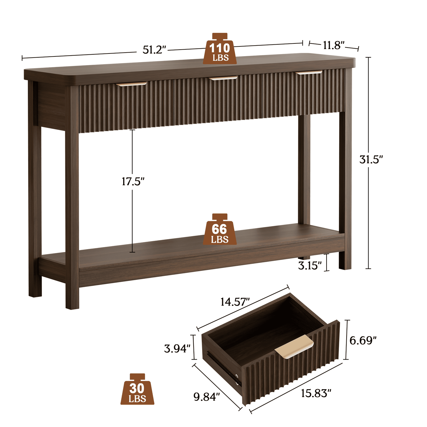 Laintene Fluted Console Table, 51" Narrow Entryway Table with 3 Drawers, Console Table Sofa Table with Storage Open Shelf, Modern Display Shelf for Hallway Living Room, Walnut