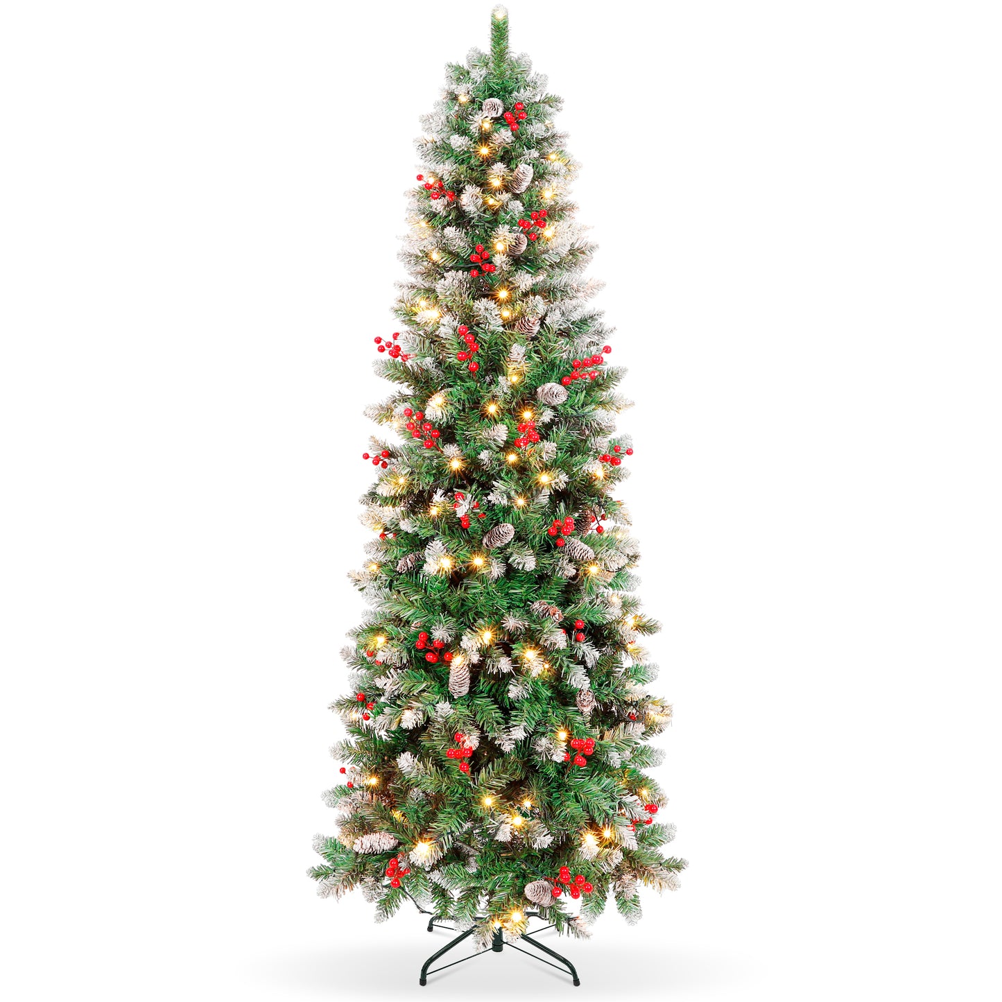 Laintene 6FT Pre-Lit Slim Pencil Christmas Tree | 200 Warm White LED Lights, 600 Tips, 40 Pine Cones & 280 Red Berries, Hinged Design for Small Spaces
