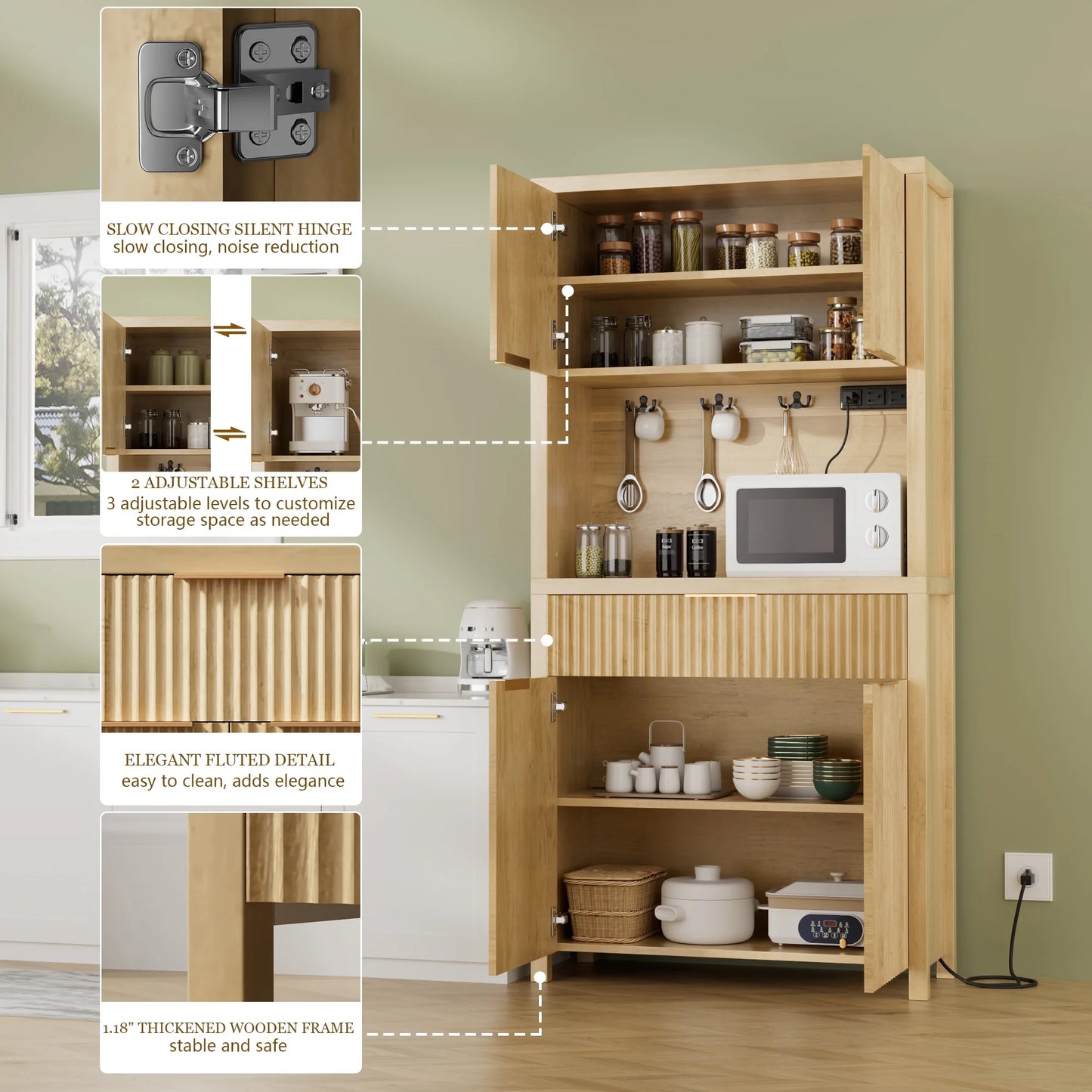 Laintene Pantry Cabinet with Charging Station & Drawer, Fluted Storage Cabinet with Adjustable Shelves and Open Countertop for Dining Living Room, Natural Oak