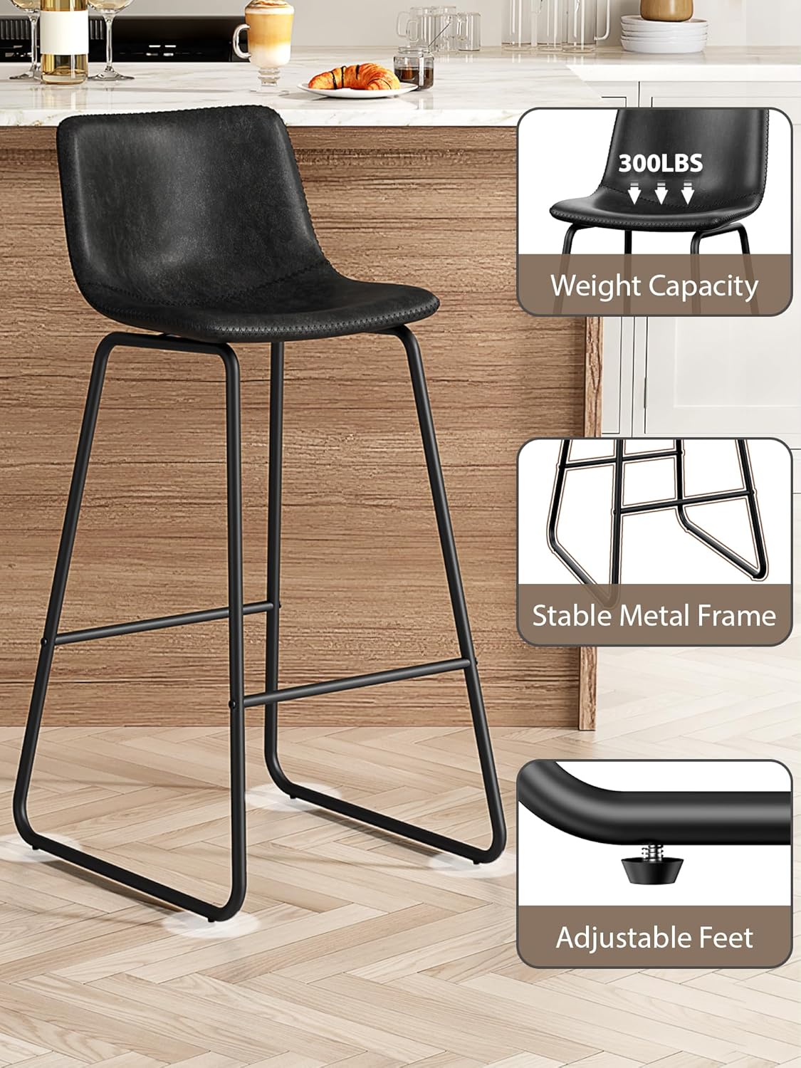 LainTene 30" Bar Stools Set of 2 – Faux Leather Counter Height Stools with Backrest & Footrest, Heavy-Duty Metal Frame for Kitchen, Bar, Living Room, Black