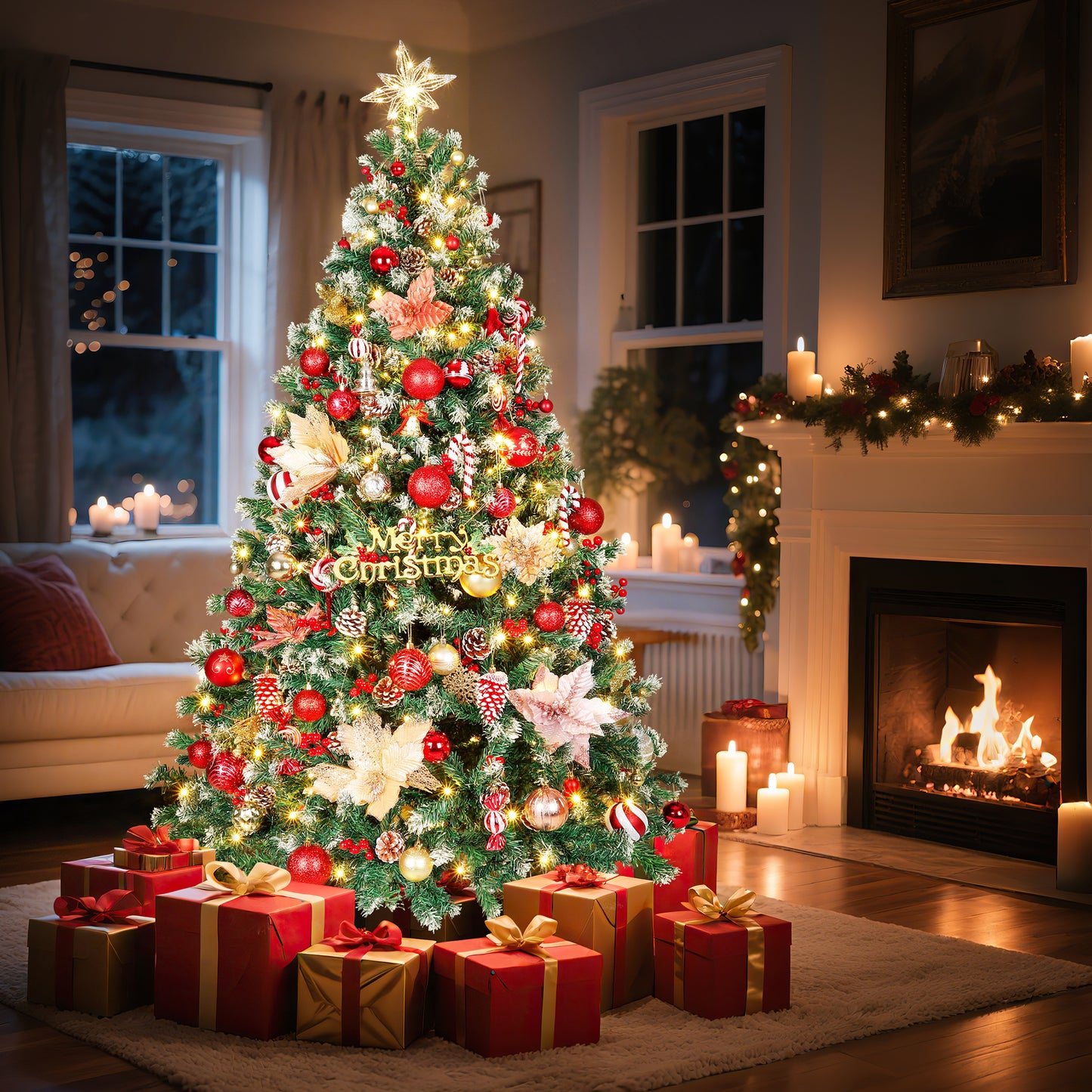 Laintene 6ft Pre-Lit & Pre-Decorated Christmas Tree | 250 Warm White LED Lights, 800 Realistic Tips, 108 Natural Decorations (Pine Cones & Berries), Hinged Design for Home/Office