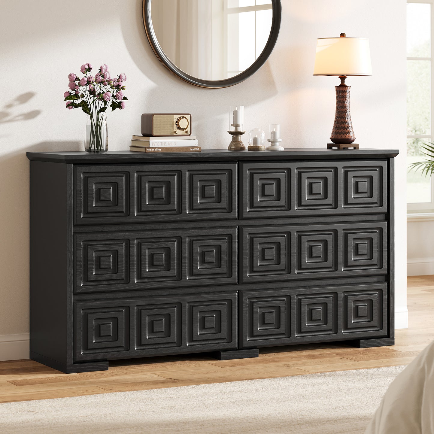 LainTene Farmhouse Dresser for Bedroom 6 Drawer, 54" Wide Wood Chest of Drawers with Carved Panel Design, Vintage Style Large Dresser for Living Room, Black