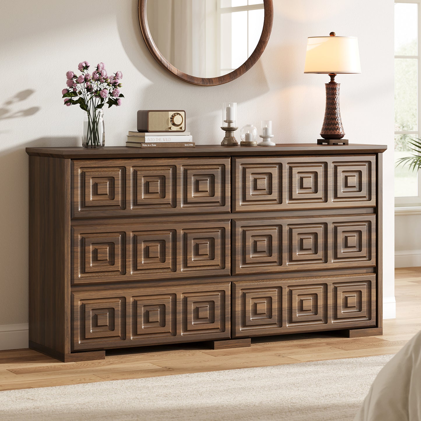 LainTene Farmhouse Dresser for Bedroom 6 Drawer, 54" Wide Wood Chest of Drawers with Carved Panel Design, Vintage Style Large Dresser for Living Room, Walnut