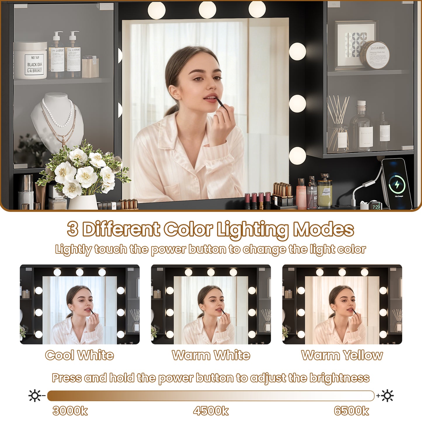 LainTene Vanity Set with Stool, Makeup Vanity Table with Lights and Mirror, Vanity Desk with 3 Drawers & 2 Large Storage Cabinets and Charging Station for Bedroom
