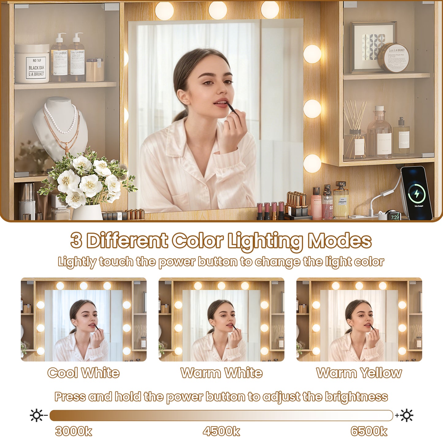 LainTene Makeup Vanity Table with Lights and Mirror, Vanity Desk with 3 Drawers & 2 Large Storage Cabinets and Charging Station for Bedroom