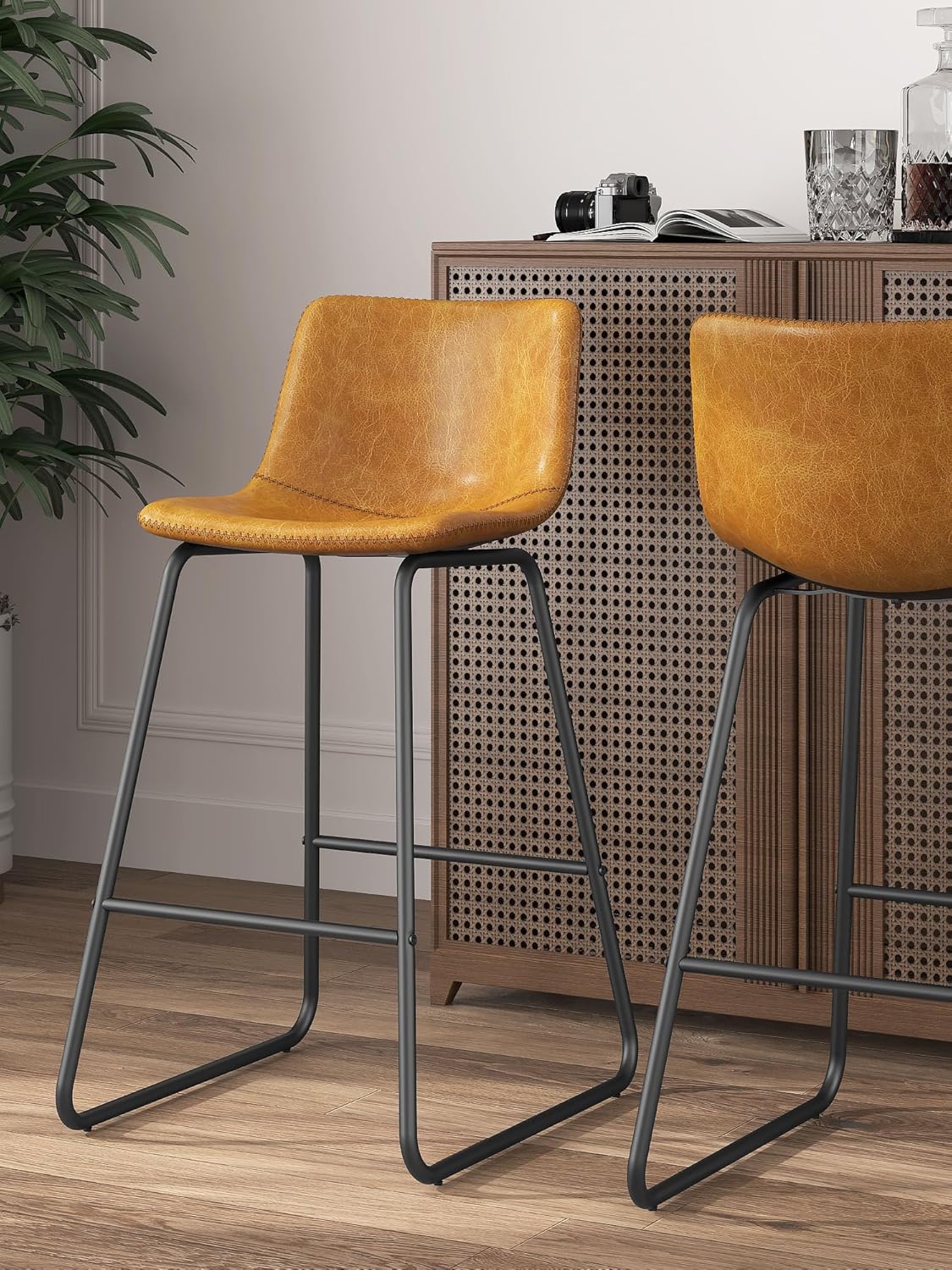 LainTene 26" Bar Stools Set of 2 – Faux Leather Counter Height Stools with Backrest & Footrest, Heavy-Duty Metal Frame for Kitchen, Bar, Living Room, Brown
