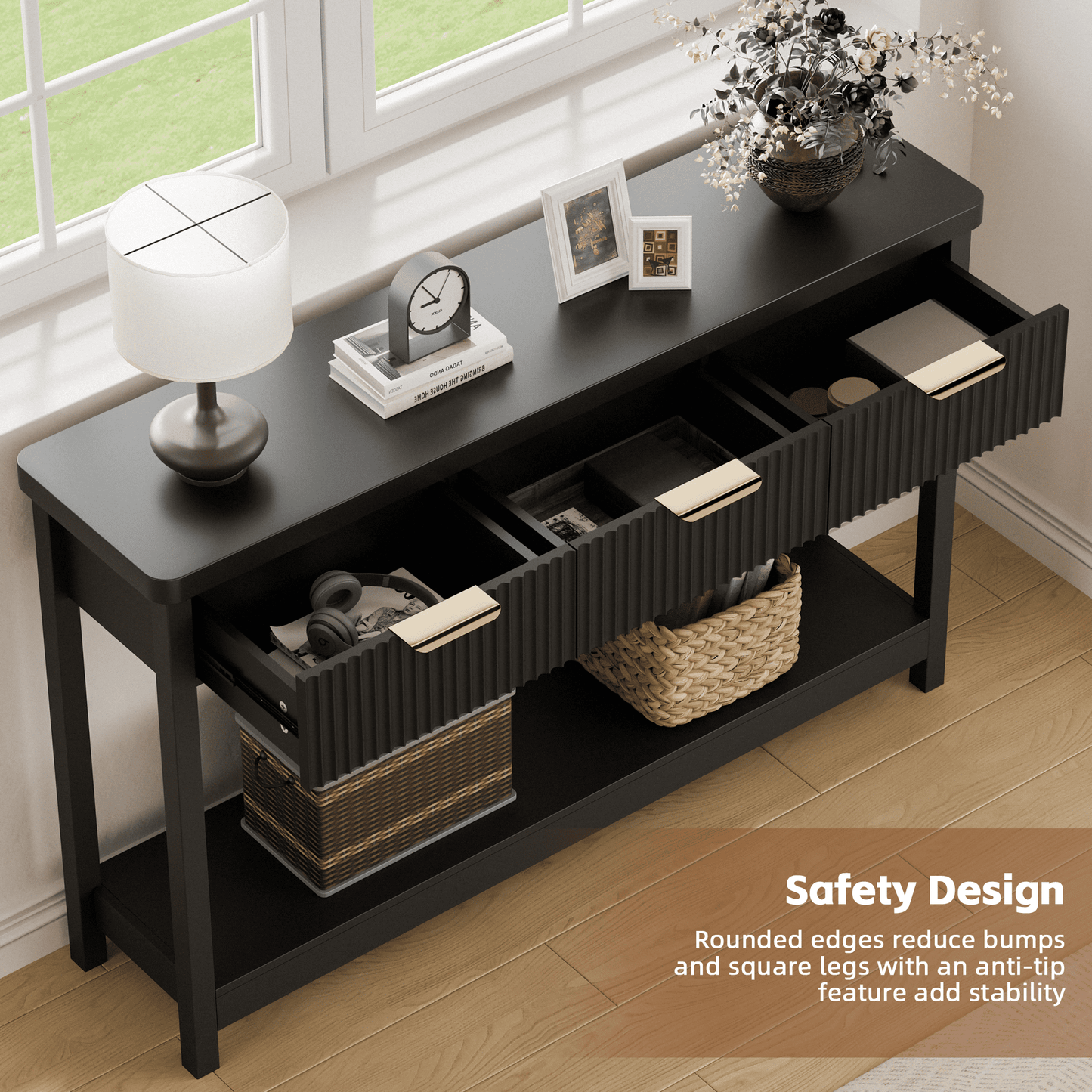 Laintene Fluted Console Table, 51" Narrow Entryway Table with 3 Drawers, Console Table Sofa Table with Storage Open Shelf, Modern Display Shelf for Hallway Living Room, Black