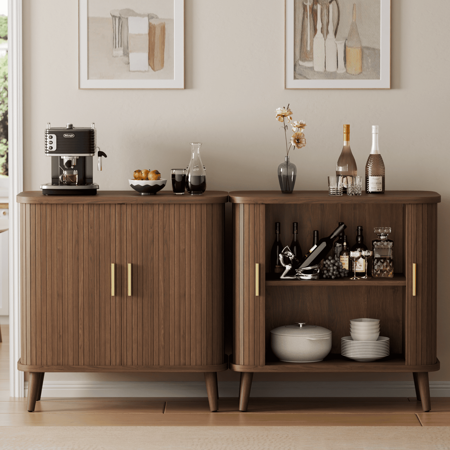 Laintene Sideboard Buffet Cabinet, Storage Cabinet with Sliding Door & Adjustable Shelf, Fluted Accent Coffee Bar for Kitchen, Entryway, Walnut