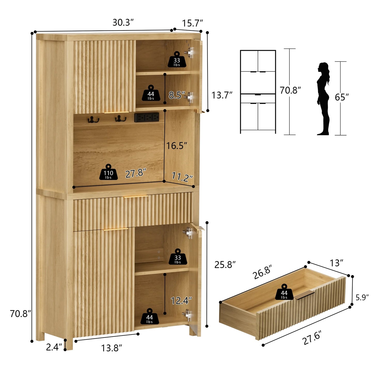 Laintene Pantry Cabinet with Charging Station & Drawer, Fluted Storage Cabinet with Adjustable Shelves and Open Countertop for Dining Living Room, Natural Oak