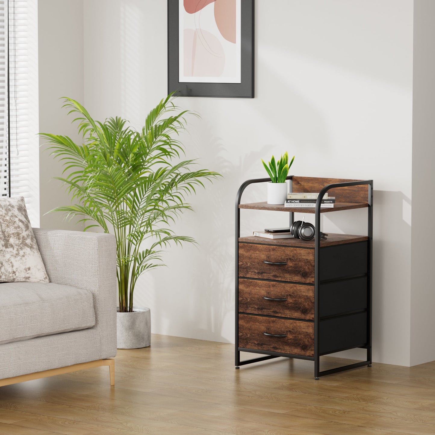 Laintene Night Stand, 3 Fabric Drawer Vertical Dresser, Bedside Table for Bedroom, Side End Tables Living Room Set of 2, Brown