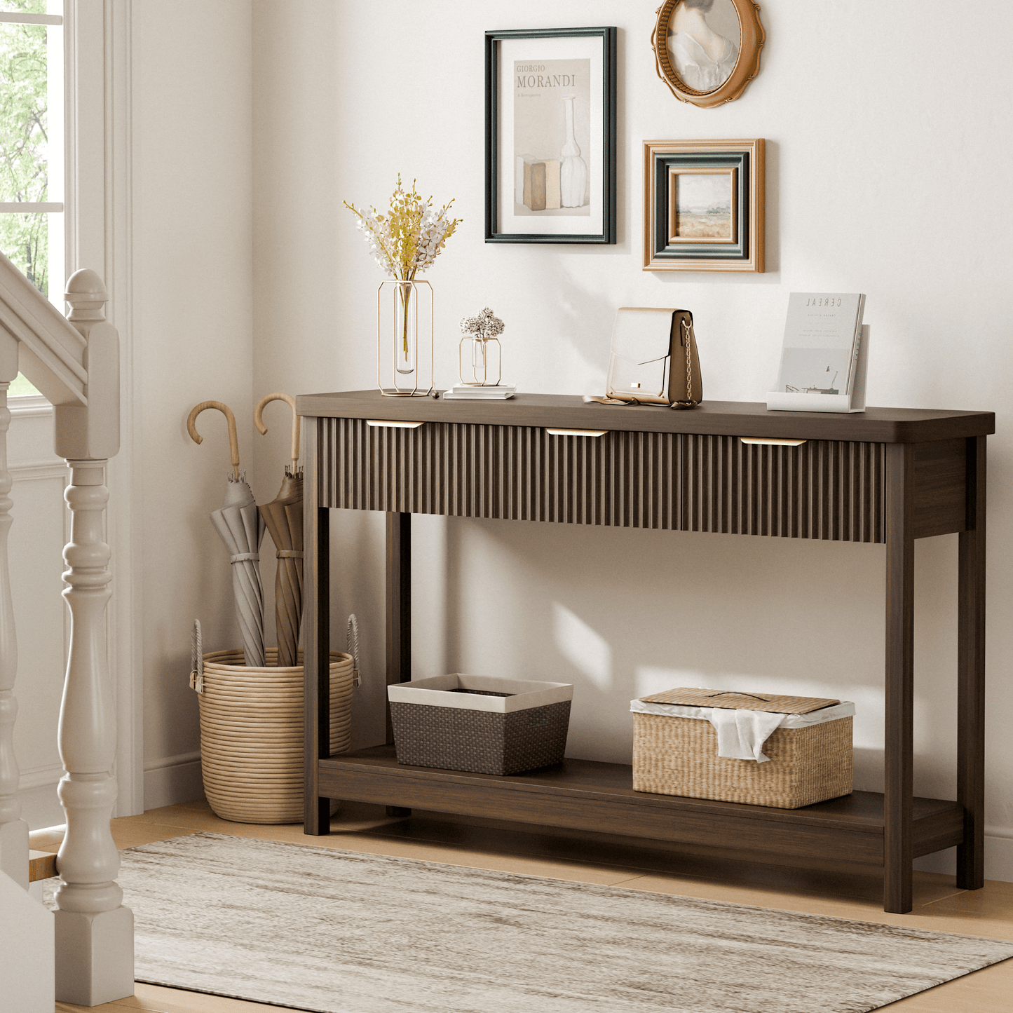 Laintene Fluted Console Table, 51" Narrow Entryway Table with 3 Drawers, Console Table Sofa Table with Storage Open Shelf, Modern Display Shelf for Hallway Living Room, Walnut