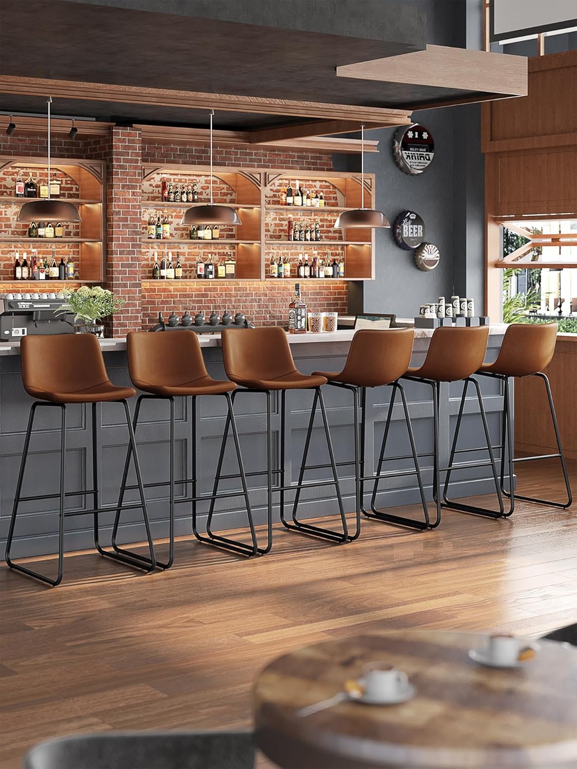 LainTene 30" Bar Stools Set of 3 – Faux Leather Counter Height Stools with Backrest & Footrest, Heavy-Duty Metal Frame for Kitchen, Bar, Living Room, Dark Brown