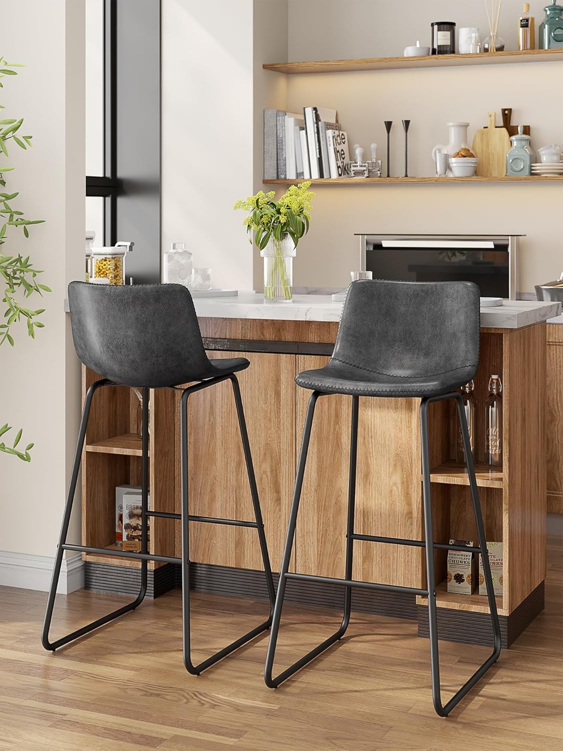 LainTene 30" Bar Stools Set of 3 – Faux Leather Counter Height Stools with Backrest & Footrest, Heavy-Duty Metal Frame for Kitchen, Bar, Living Room, Gray