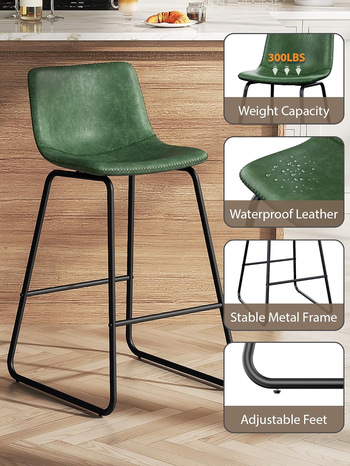 LainTene 26" Bar Stools Set of 3 – Faux Leather Counter Height Stools with Backrest & Footrest, Heavy-Duty Metal Frame for Kitchen, Bar, Living Room, Green