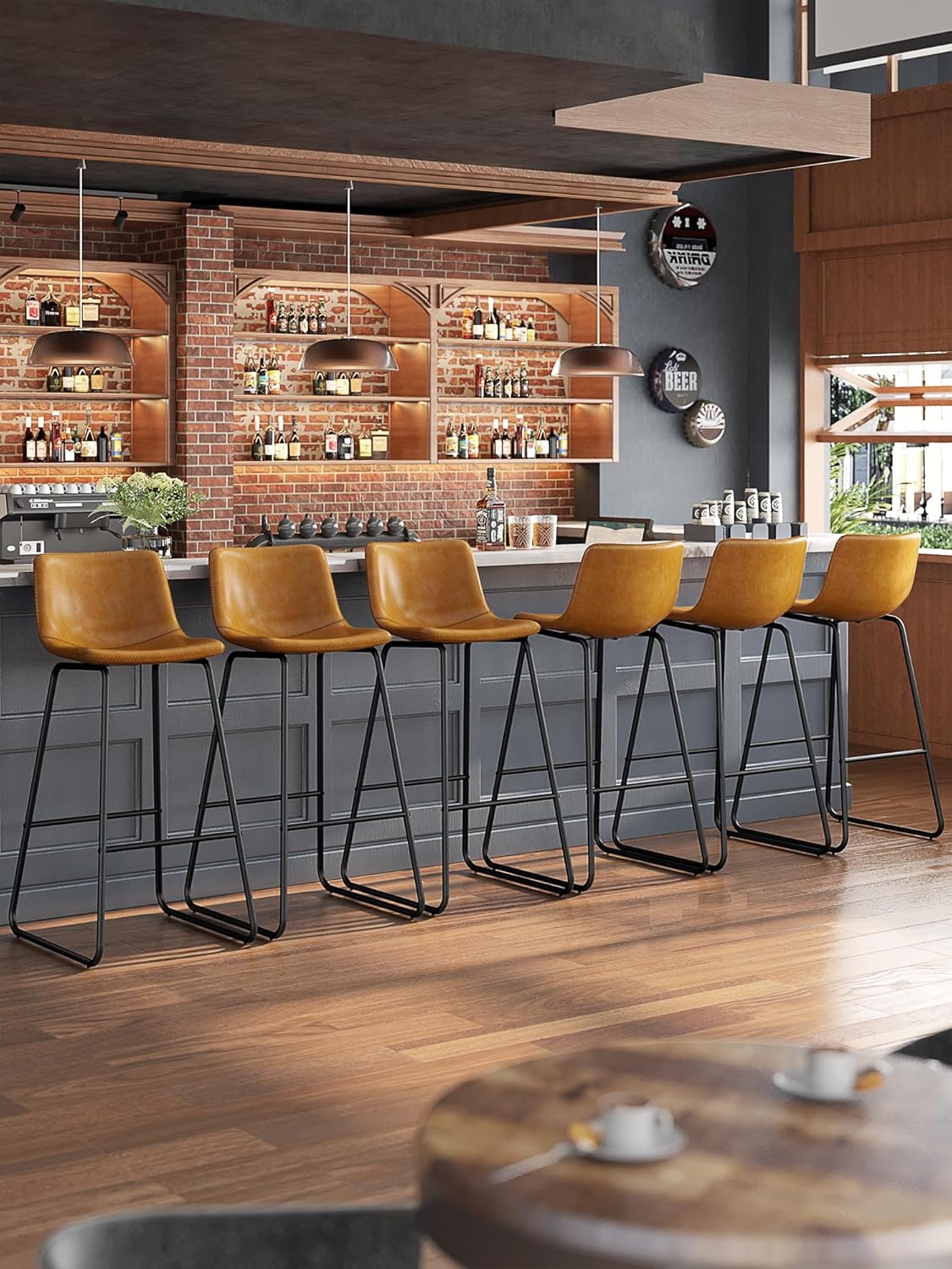 LainTene 30" Bar Stools Set of 3 – Faux Leather Counter Height Stools with Backrest & Footrest, Heavy-Duty Metal Frame for Kitchen, Bar, Living Room, Brown