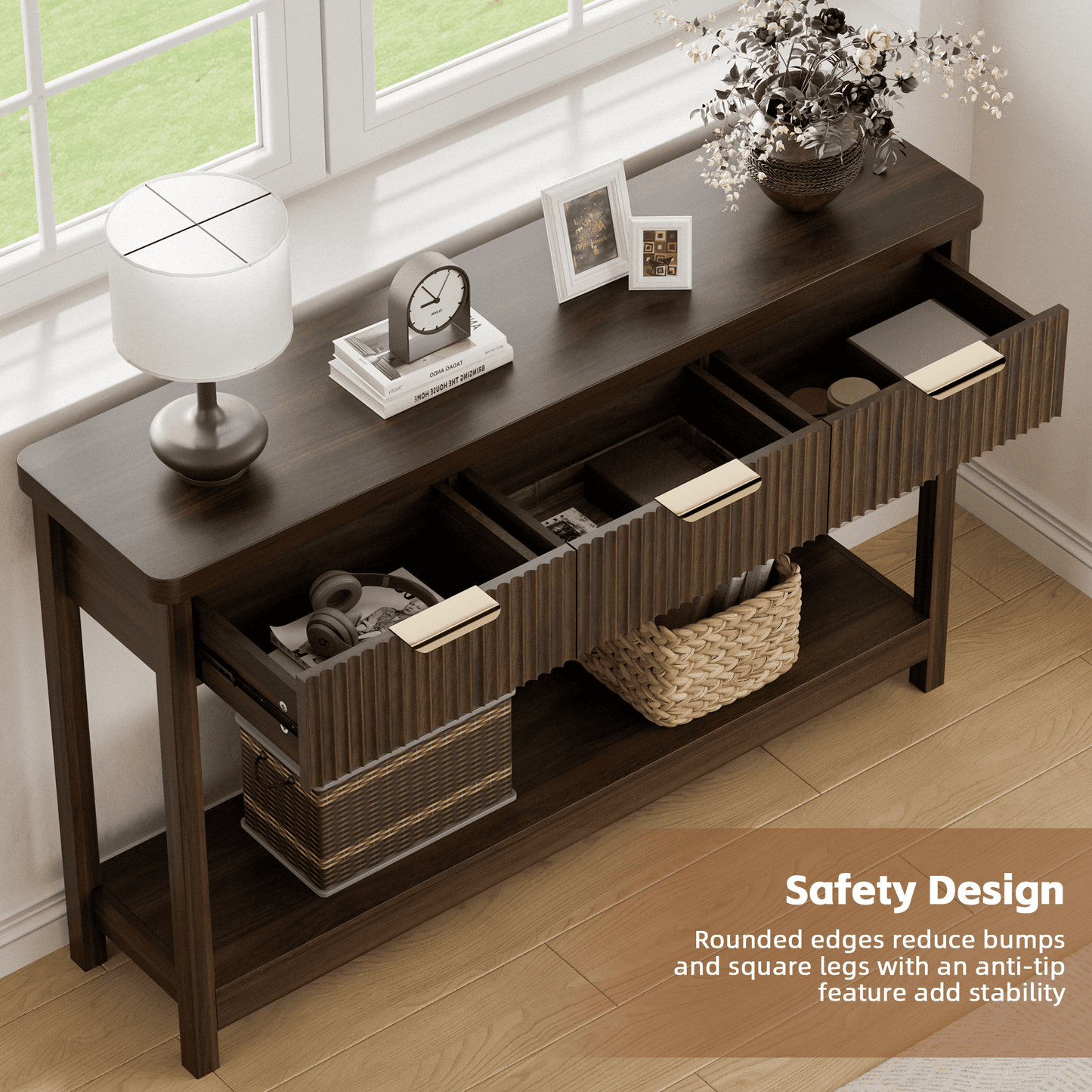 Laintene Fluted Console Table, 51" Narrow Entryway Table with 3 Drawers, Console Table Sofa Table with Storage Open Shelf, Modern Display Shelf for Hallway Living Room, Walnut