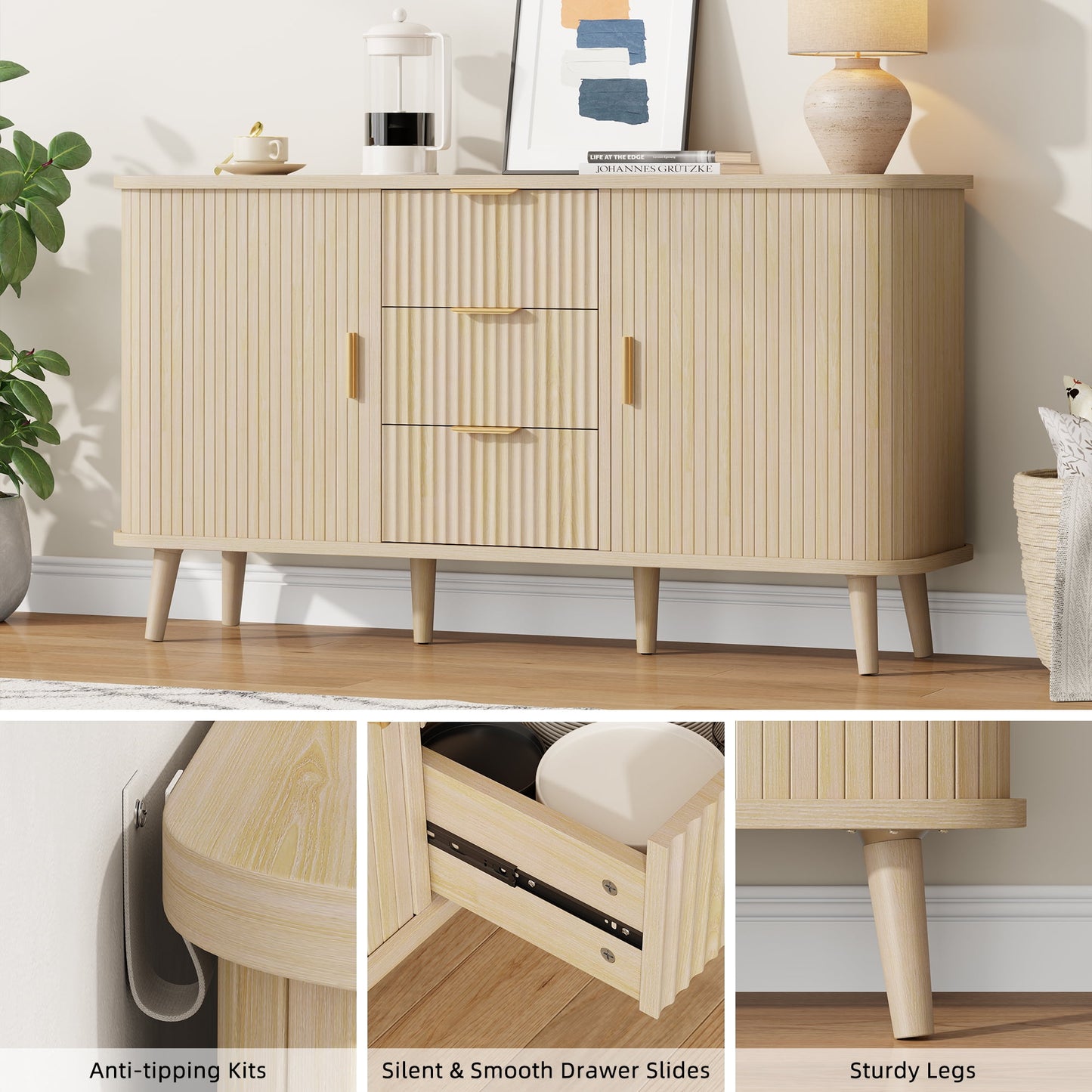 Laintene Sideboard with 3 Drawer, 55" Buffet Cabinet with 2 Sliding Tambour Doors, Modern Fluted Storage Cabinet for Kitchen, Living Room, Hallway, Natural Oak