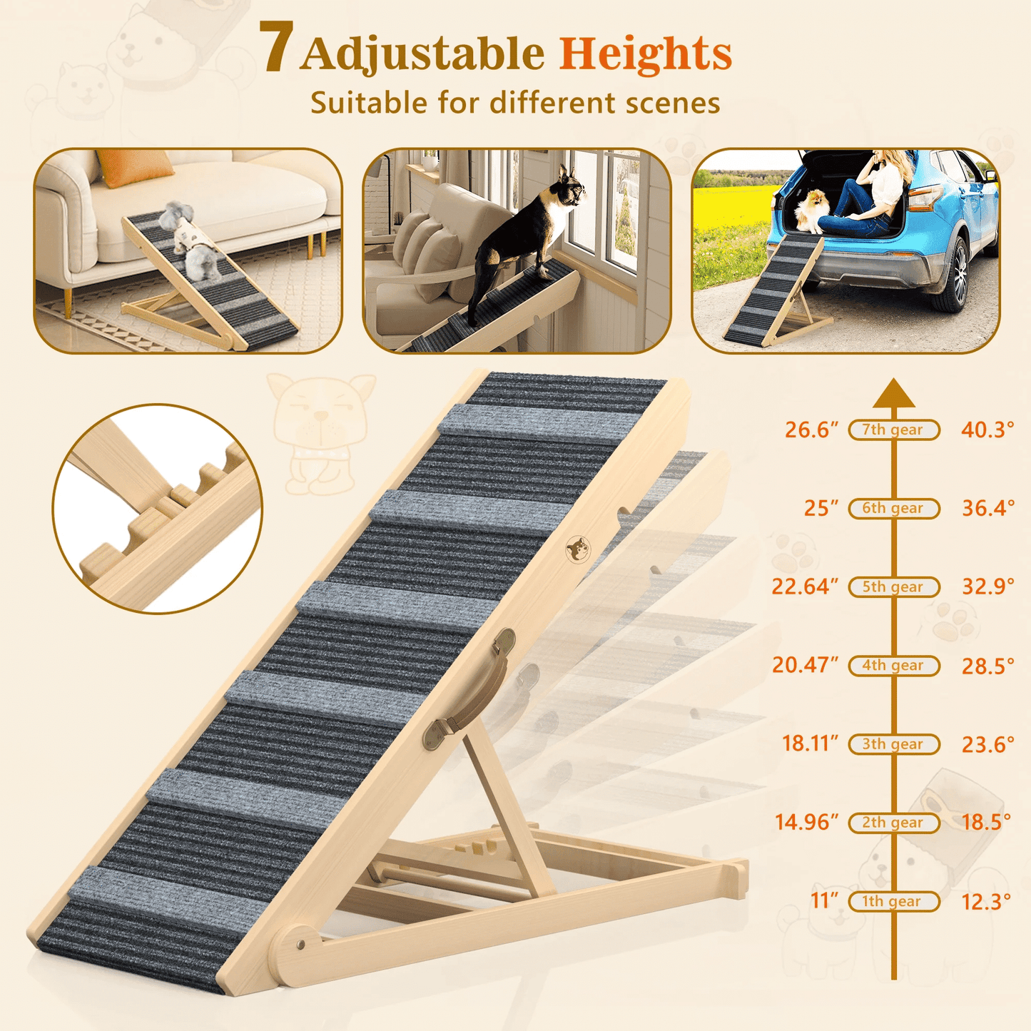 Laintene Dog Ramp for Bed, Wooden Adjustable Pet Ramp for Dogs and Cats, 7 Adjustable Height for 10.8" to 26.6", Portable Dog Ramp for Couch, Car