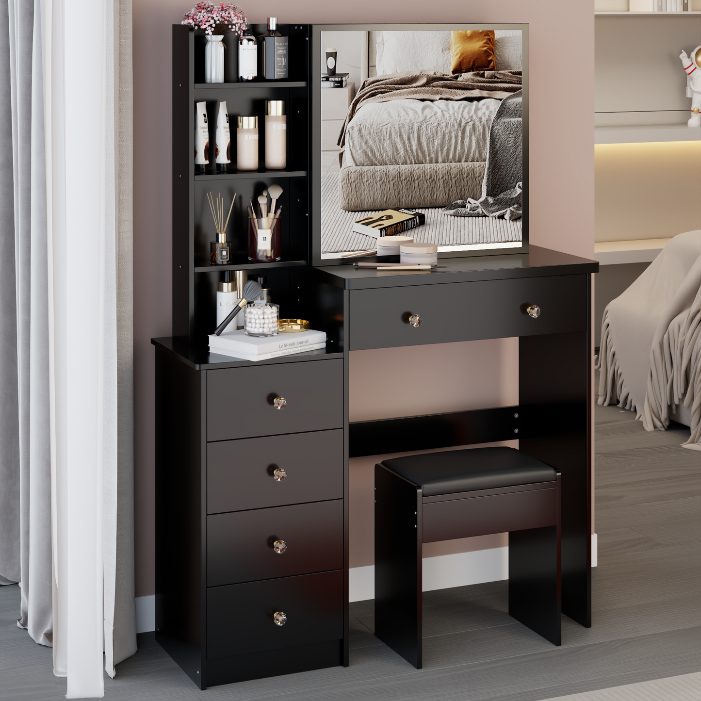LainTene 37" Dressing Table Set with Sliding Mirror & Stool, Rustic Vanity Desk for Bedroom, Spacious Storage Drawers and Glass Top