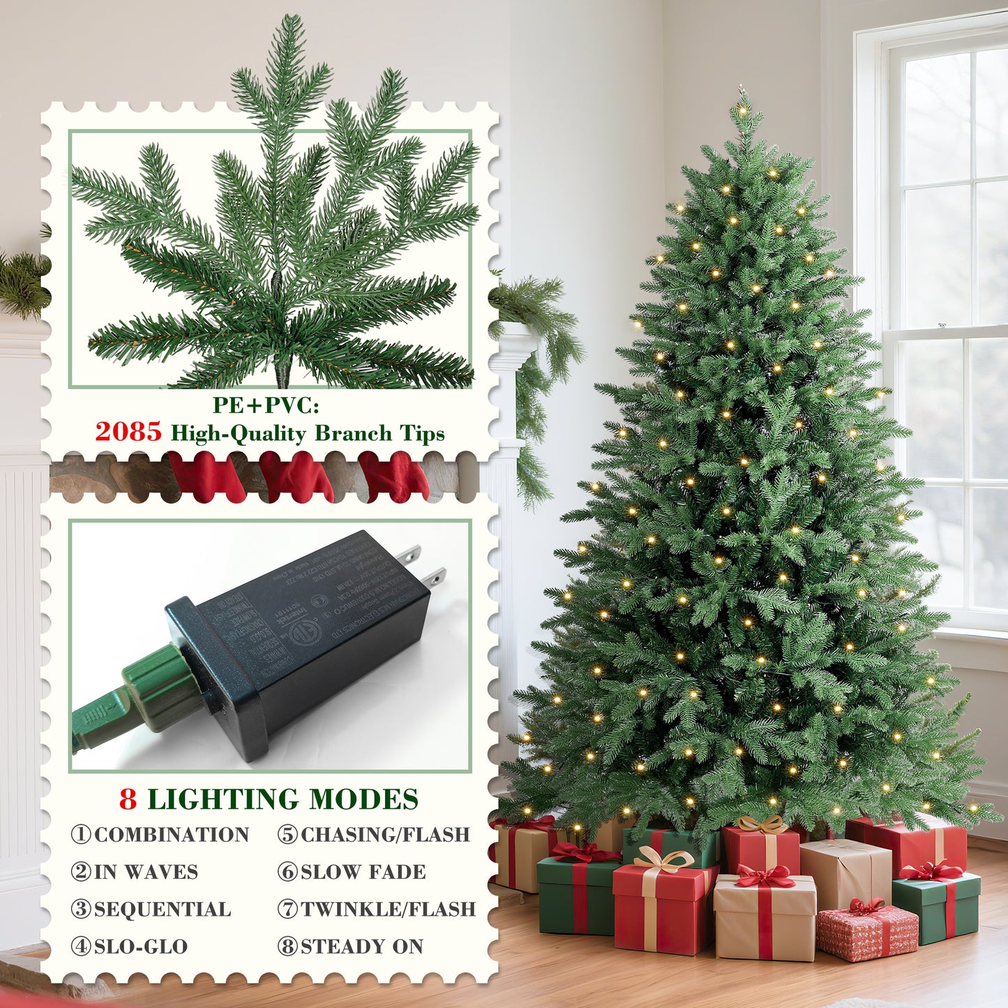 Laintene 6FT Pre-Lit Premium PE+PVC Christmas Tree | 400 Warm White LED Lights, 2085 Realistic Tips, Hinged Design with Storage Bag & Metal Stand