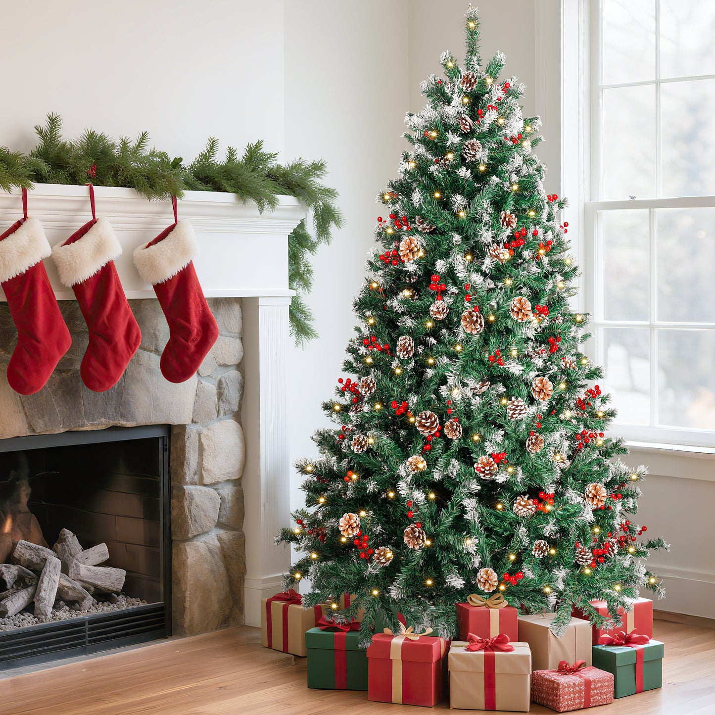 Laintene 6ft Pre-Lit & Pre-Decorated Christmas Tree | 250 Warm White LED Lights, 800 Realistic Tips, 108 Natural Decorations (Pine Cones & Berries), Hinged Design for Home/Office