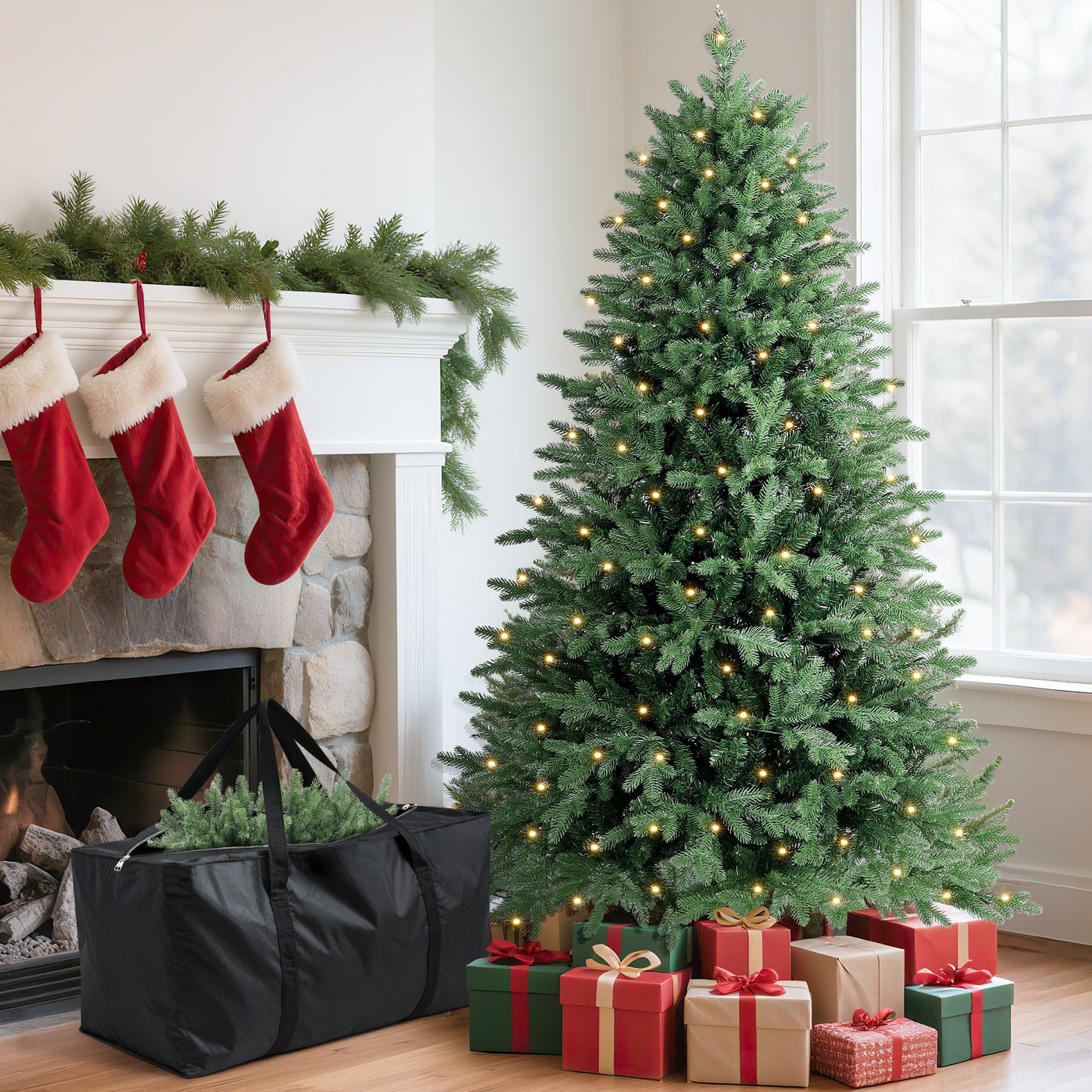 Laintene 6FT Pre-Lit Premium PE+PVC Christmas Tree | 400 Warm White LED Lights, 2085 Realistic Tips, Hinged Design with Storage Bag & Metal Stand